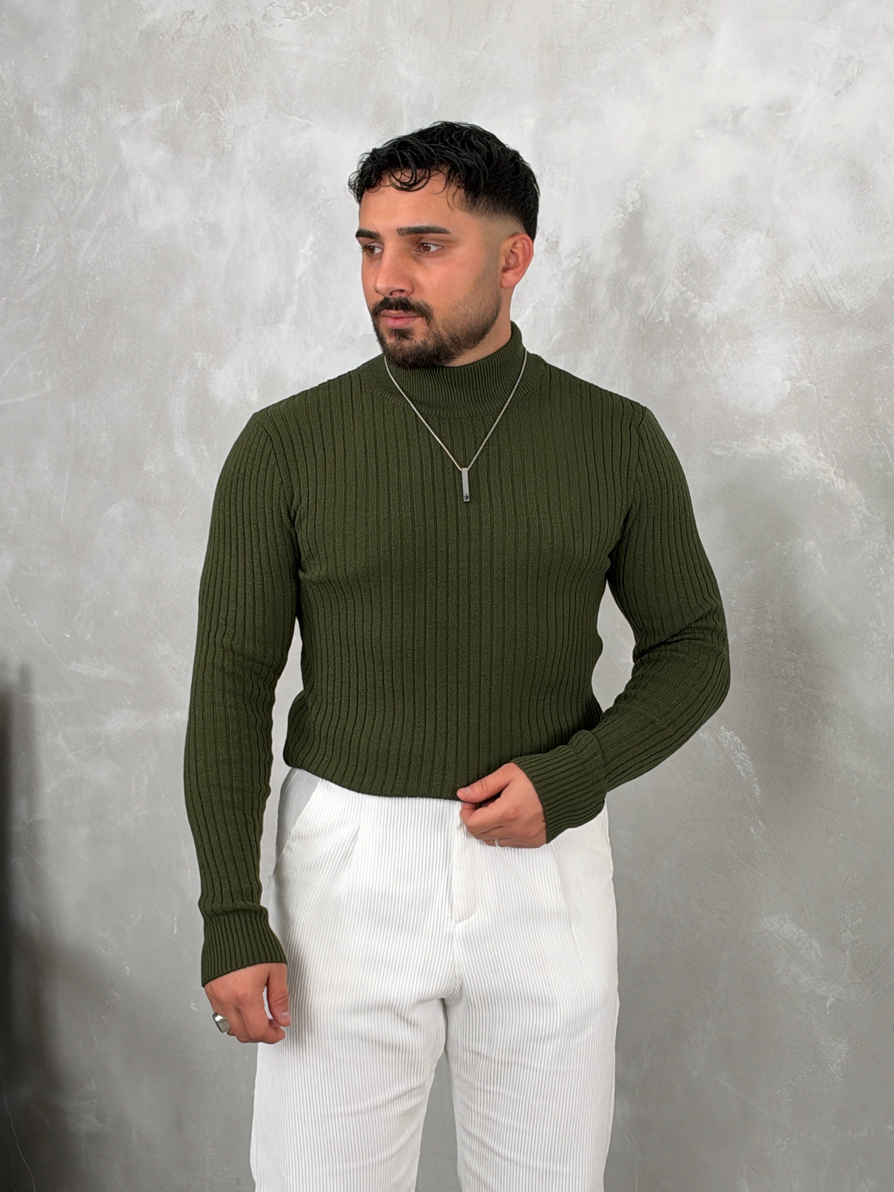 Fitilli Balıkçı Yaka Triko Sweatshirt Haki Yeşil