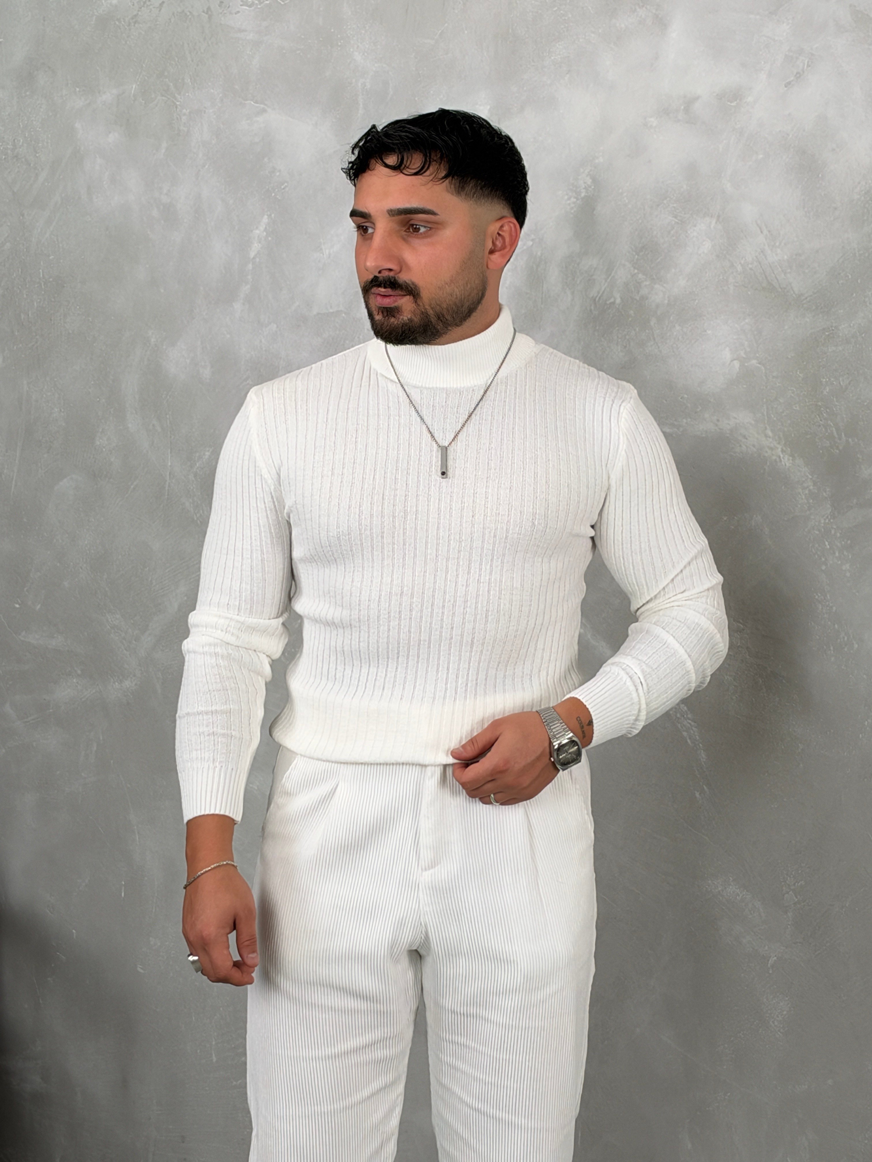Fitilli Balıkçı Yaka Triko Sweatshirt Beyaz