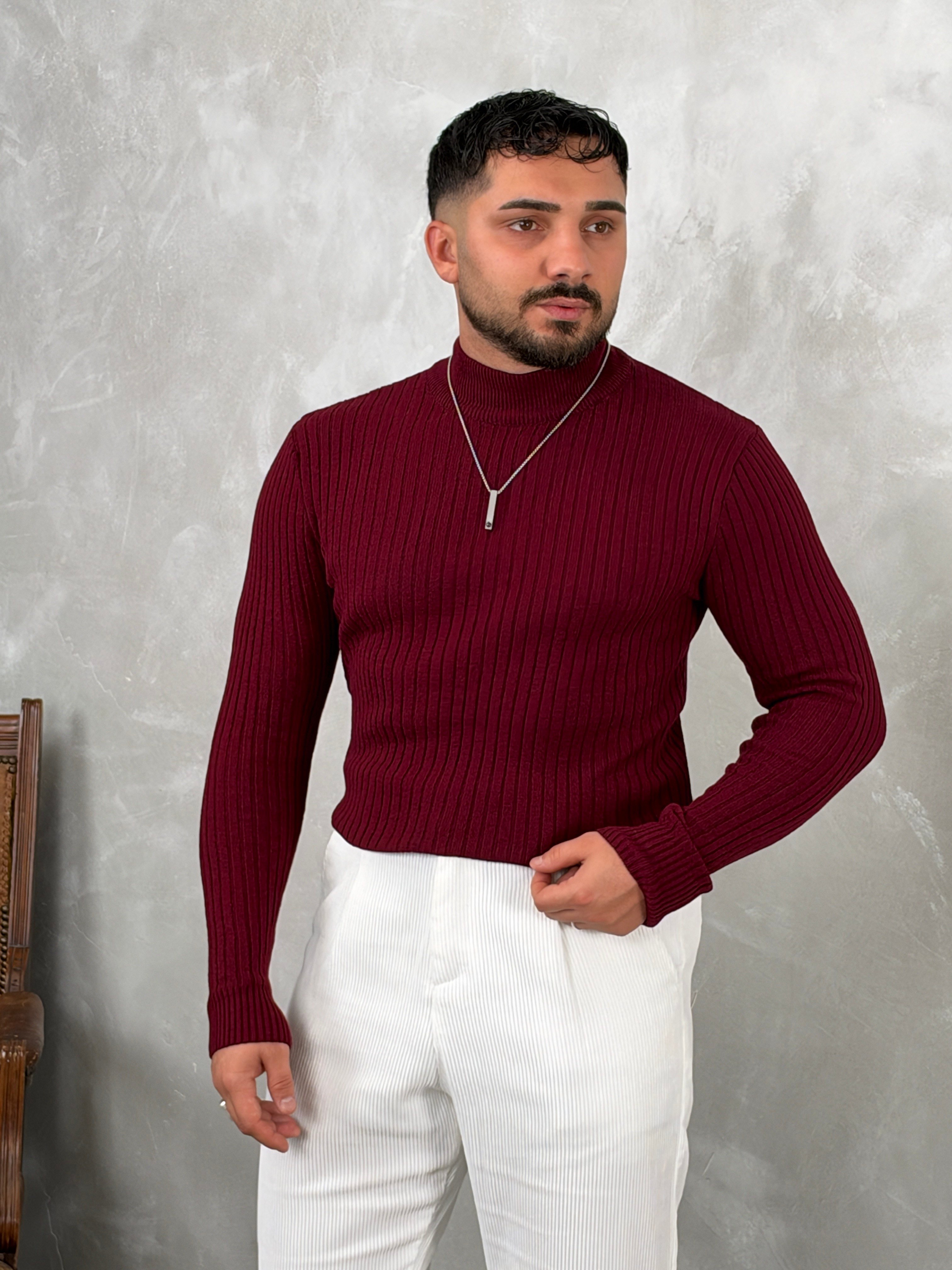 Fitilli Balıkçı Yaka Triko Sweatshirt Bordo