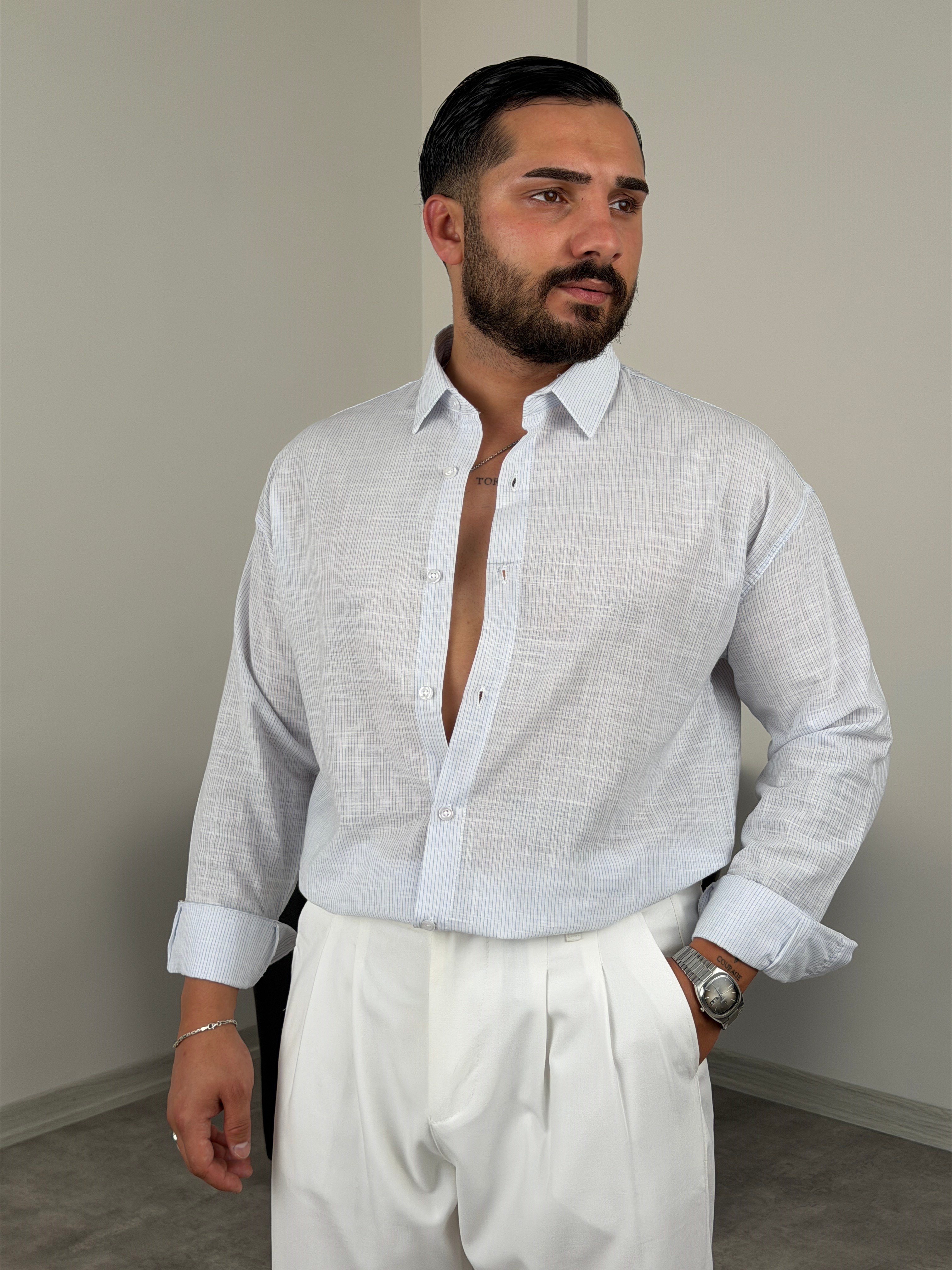 HAVAİ MODEL %100 KETEN GÖMLEK BEYAZ