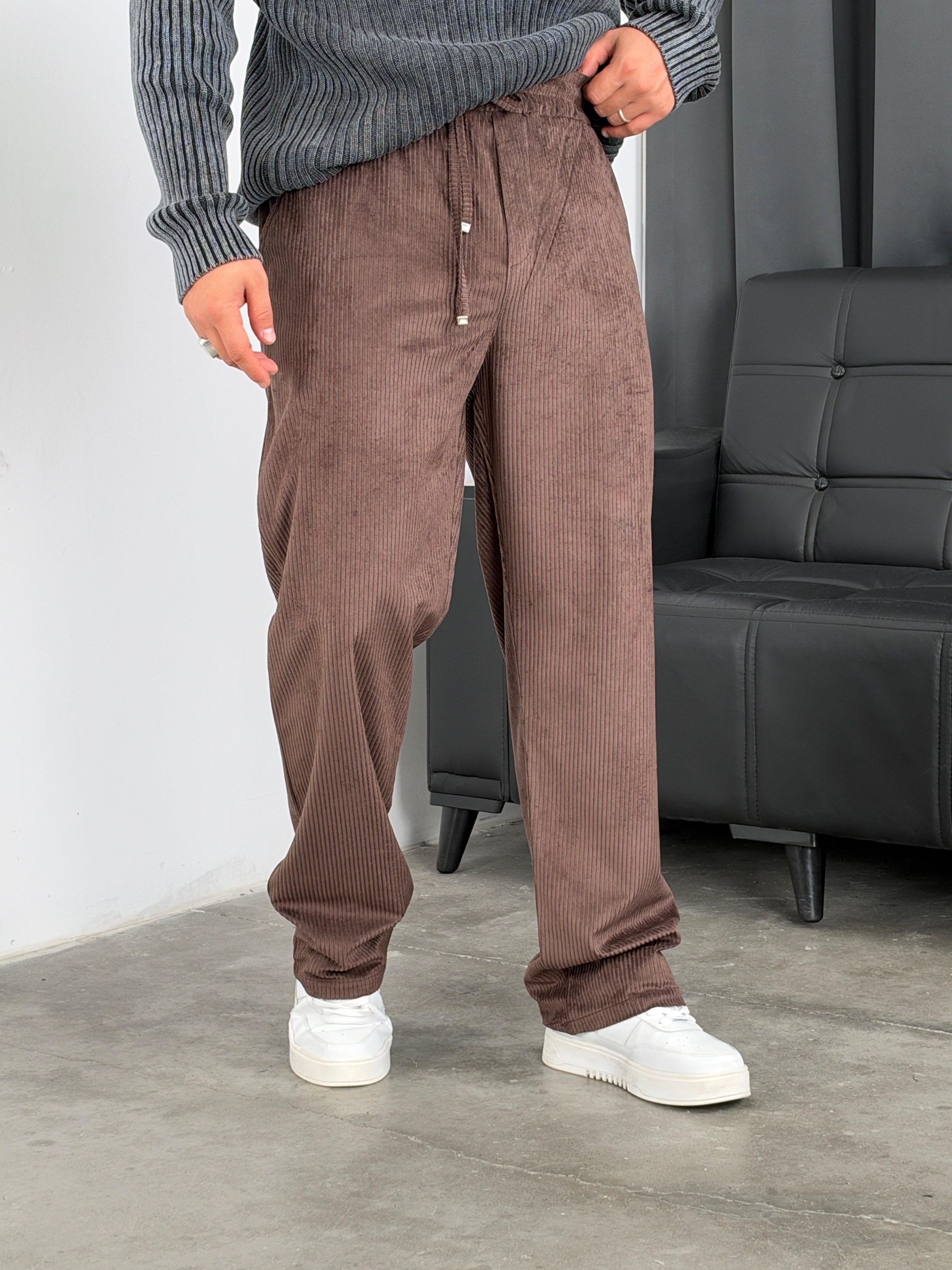 HL  Beli Lastik Kadife Baggy Pantolon Acı Kahve