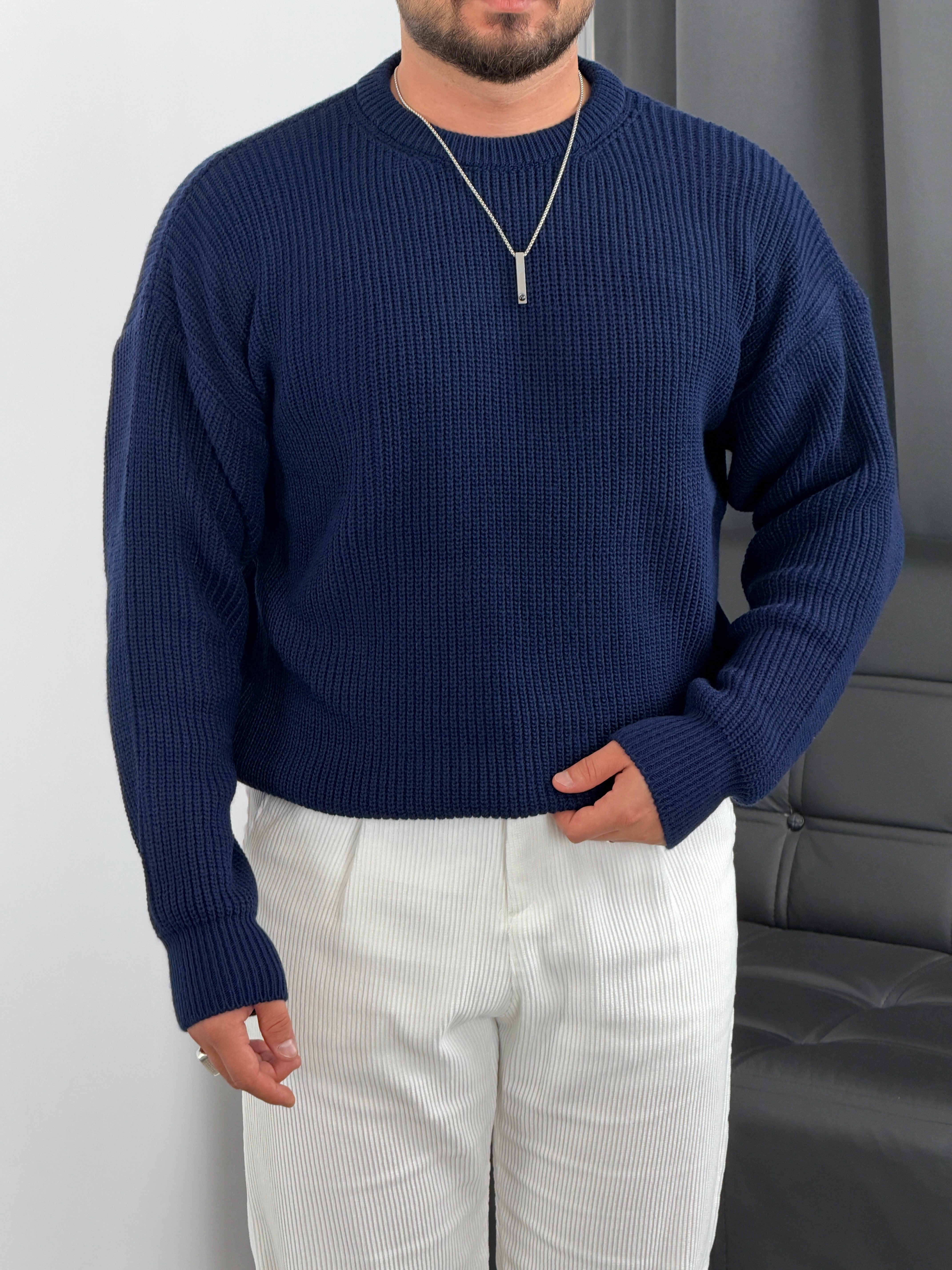 İNV Selanik Örgü Bisiklet yaka Triko Sweatshirt Lacivert