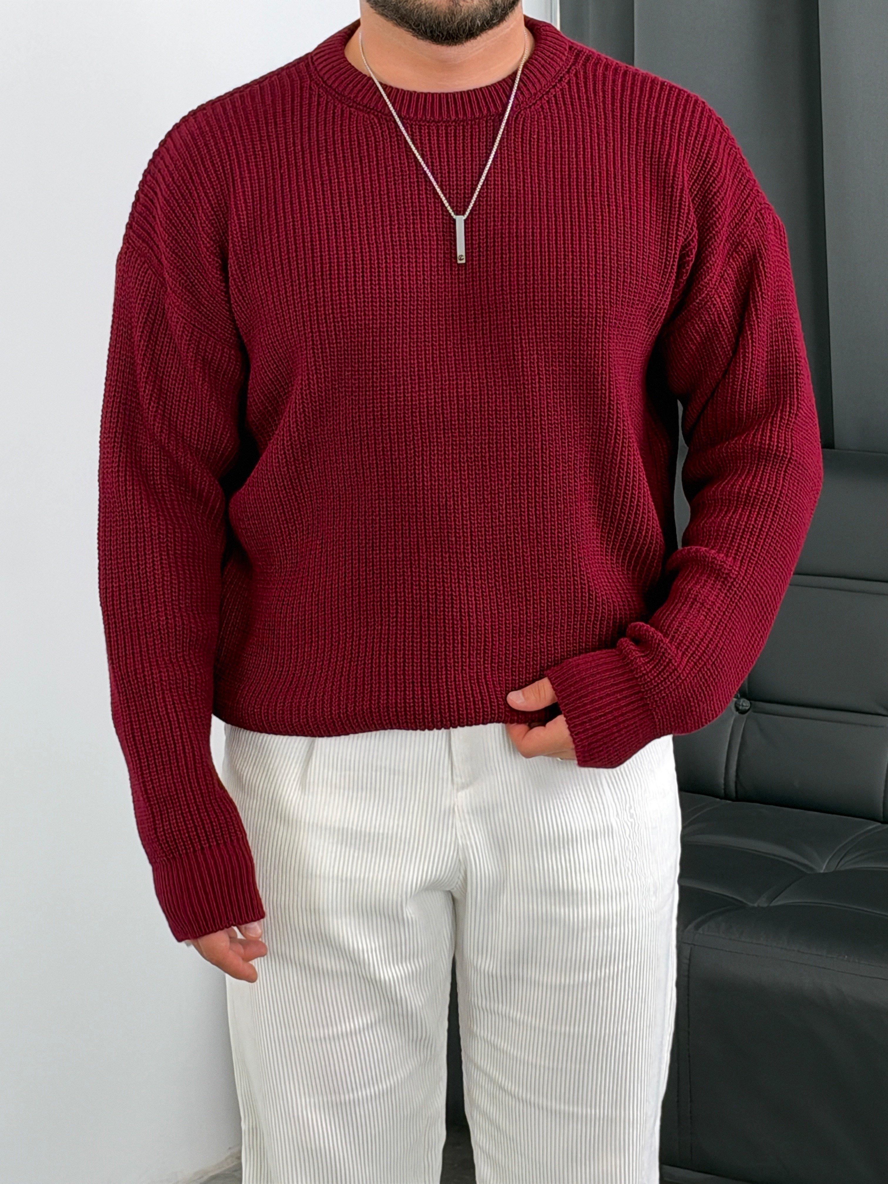 İNV Selanik Örgü Bisiklet yaka Triko Sweatshirt Bordo