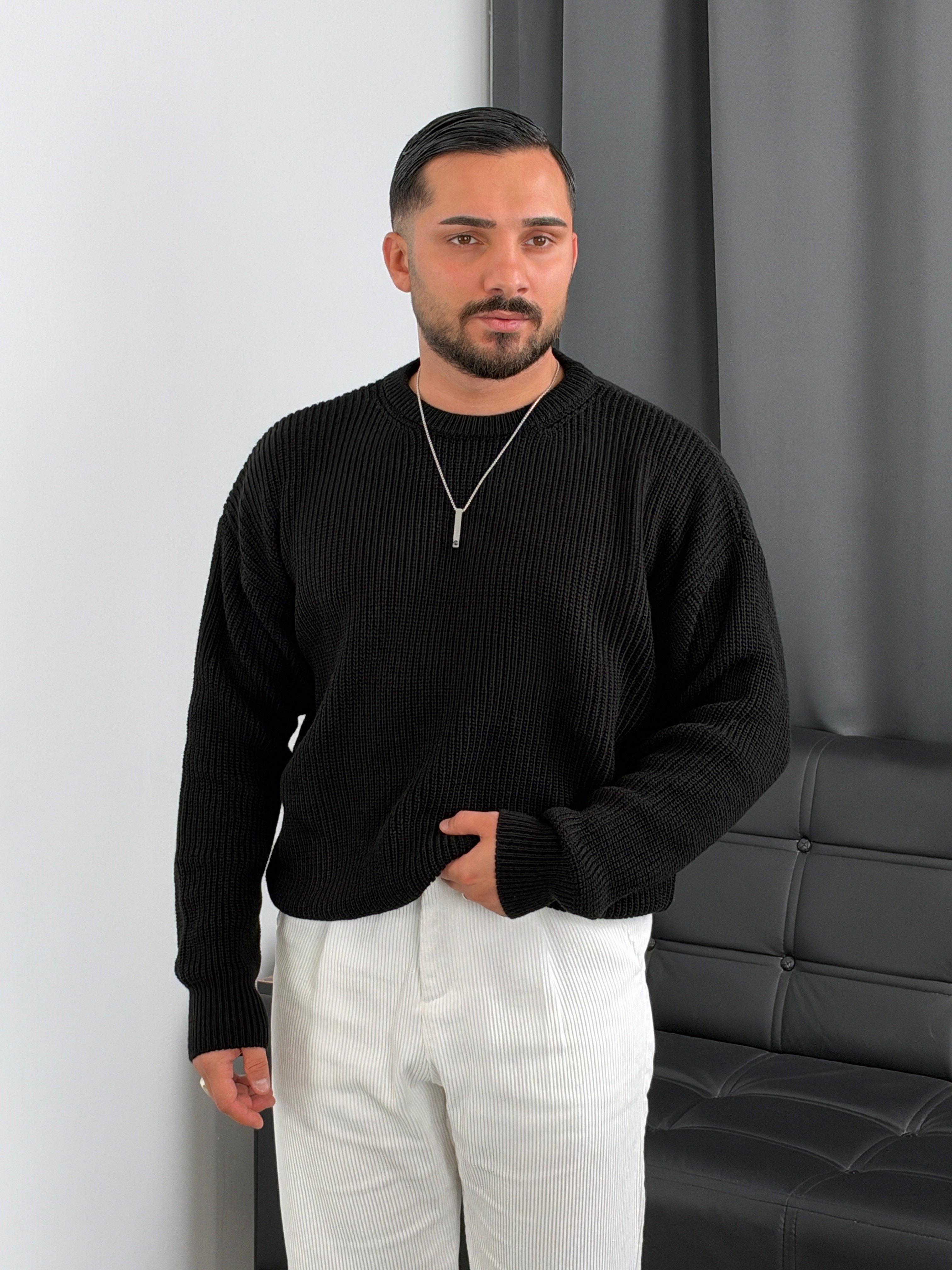İNV Selanik Örgü Bisiklet yaka Triko Sweatshirt Siyah