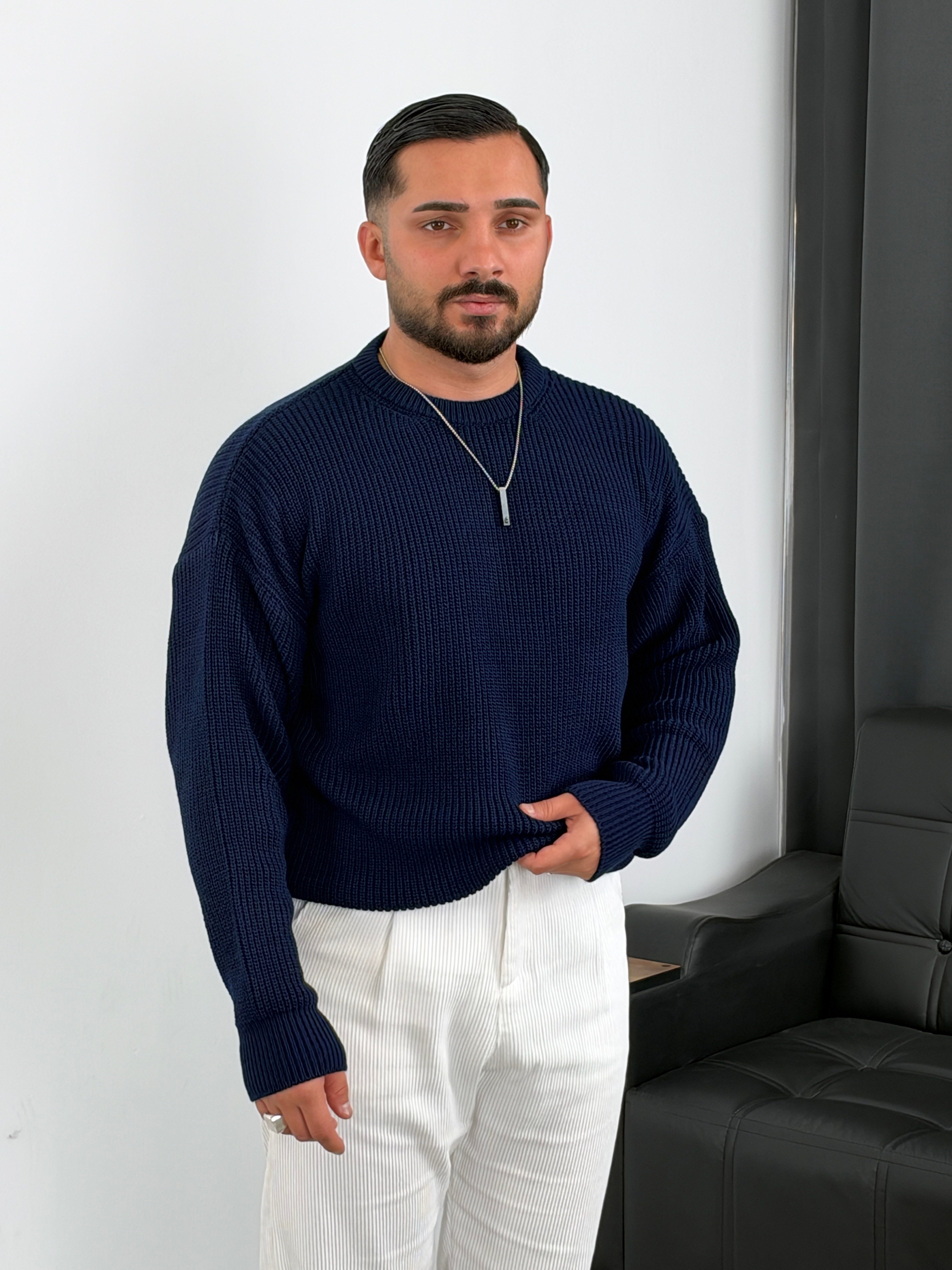 İNV Selanik Örgü Bisiklet yaka Triko Sweatshirt Lacivert