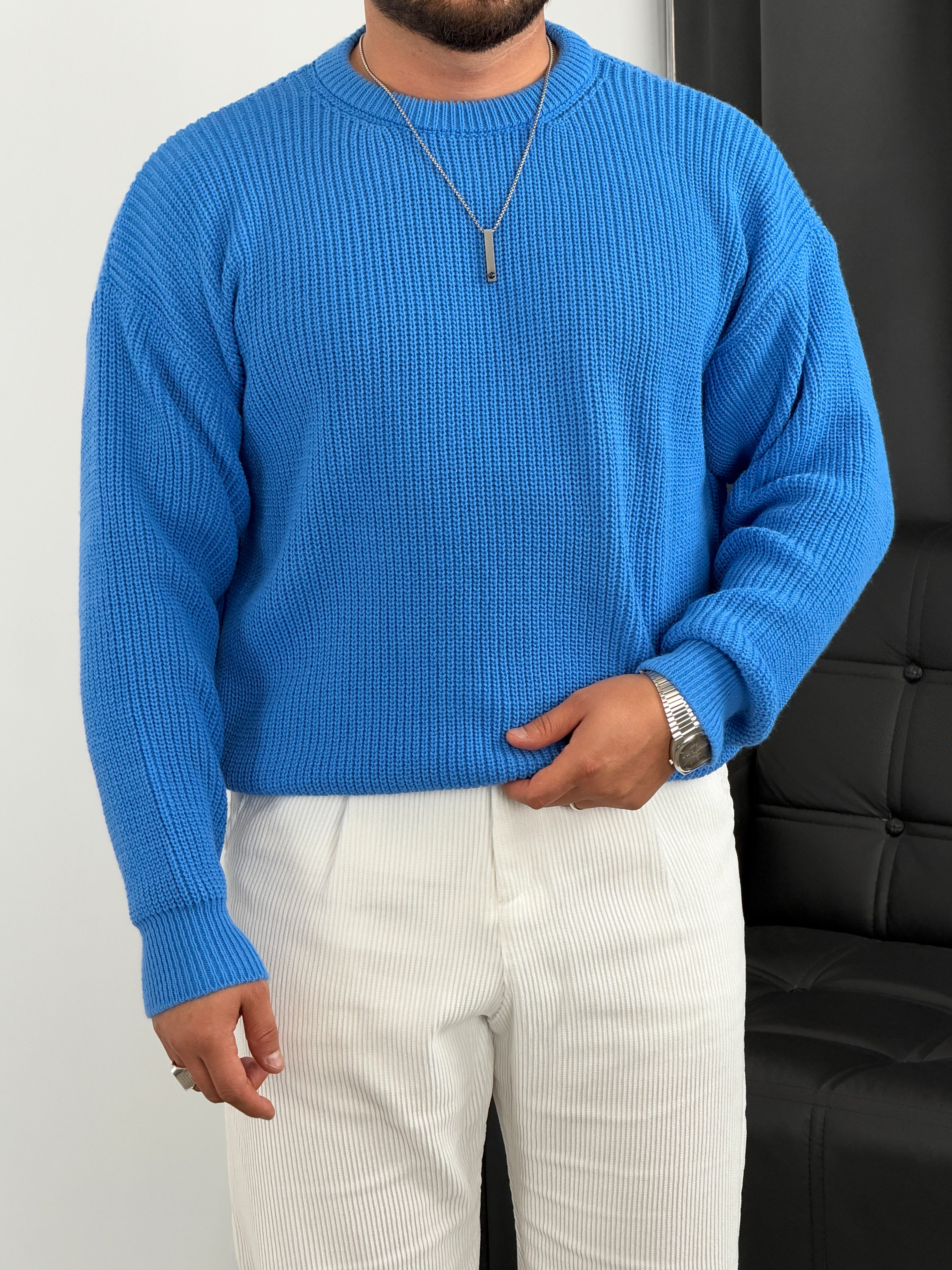 İNV Selanik Örgü Bisiklet yaka Triko Sweatshirt Mavi