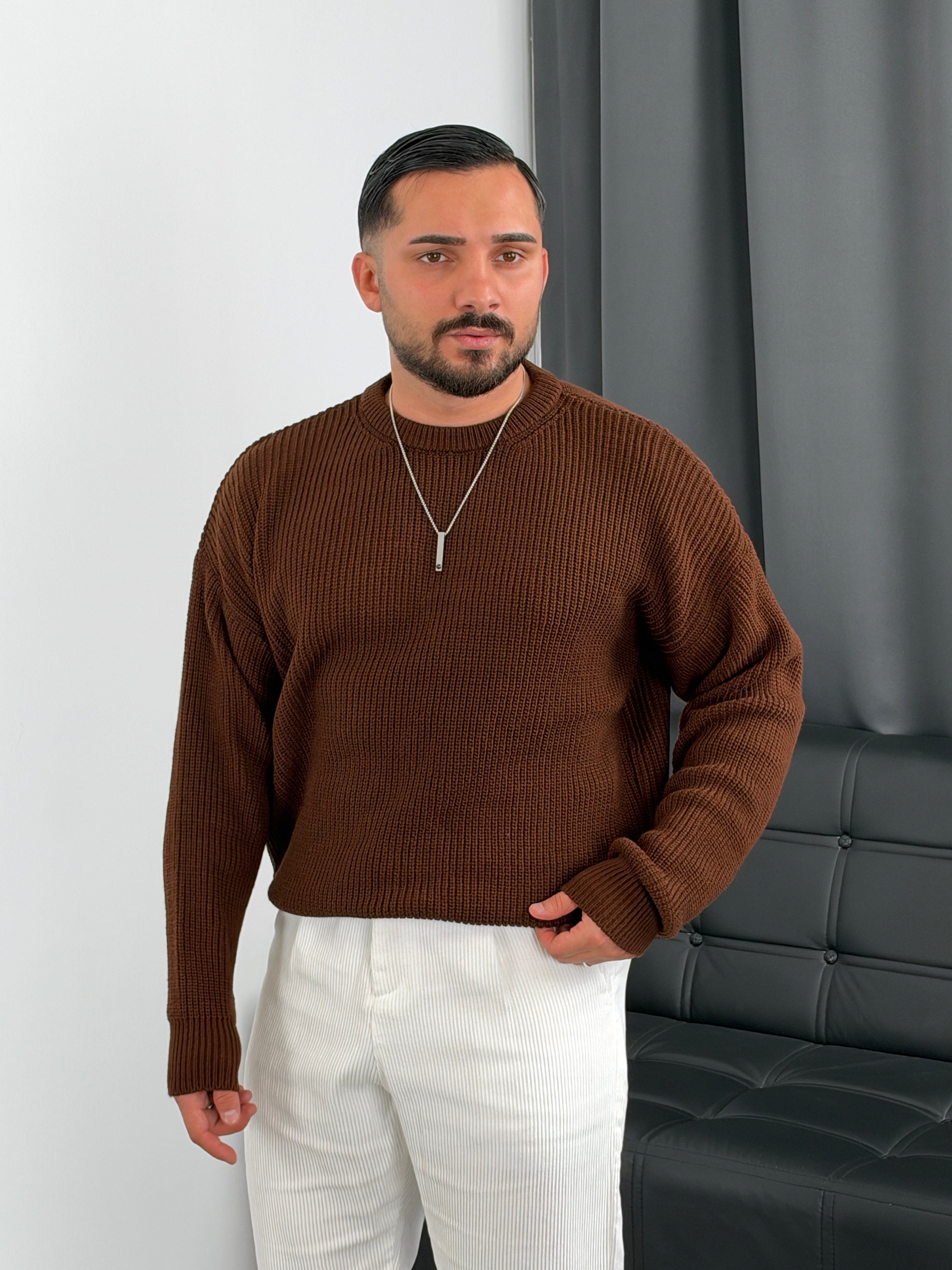 İNV Selanik Örgü Bisiklet yaka Triko Sweatshirt Acı Kahve