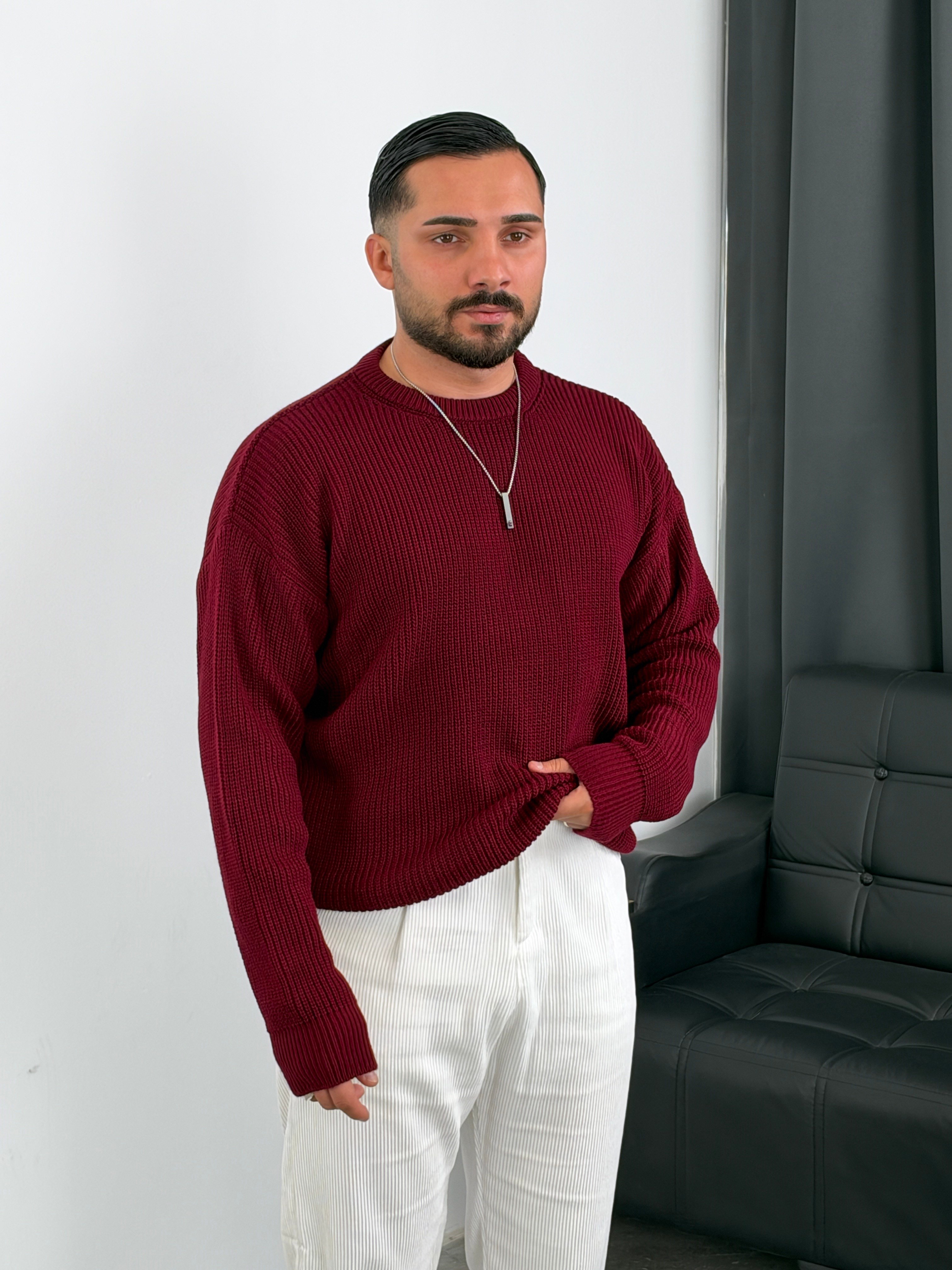 İNV Selanik Örgü Bisiklet yaka Triko Sweatshirt Bordo