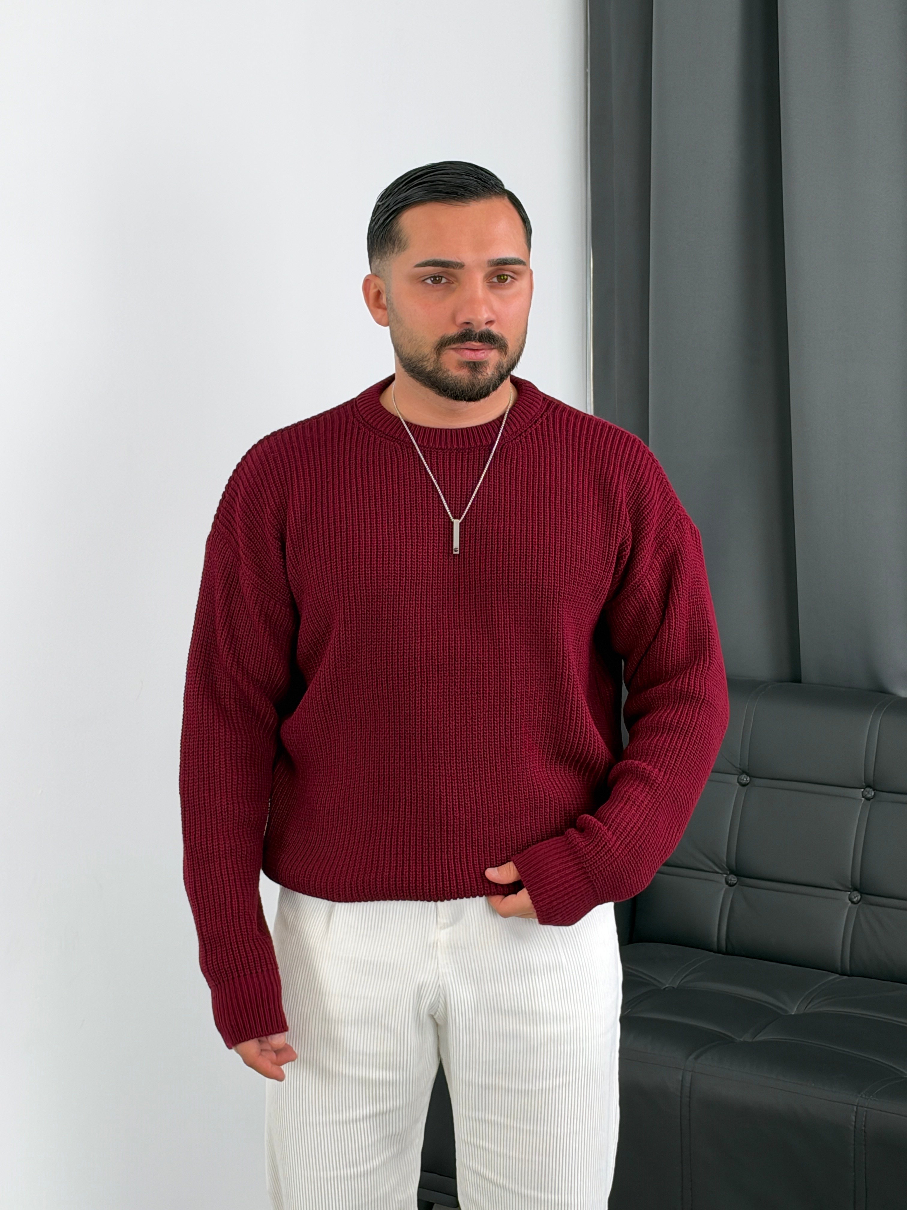 İNV Selanik Örgü Bisiklet yaka Triko Sweatshirt Bordo