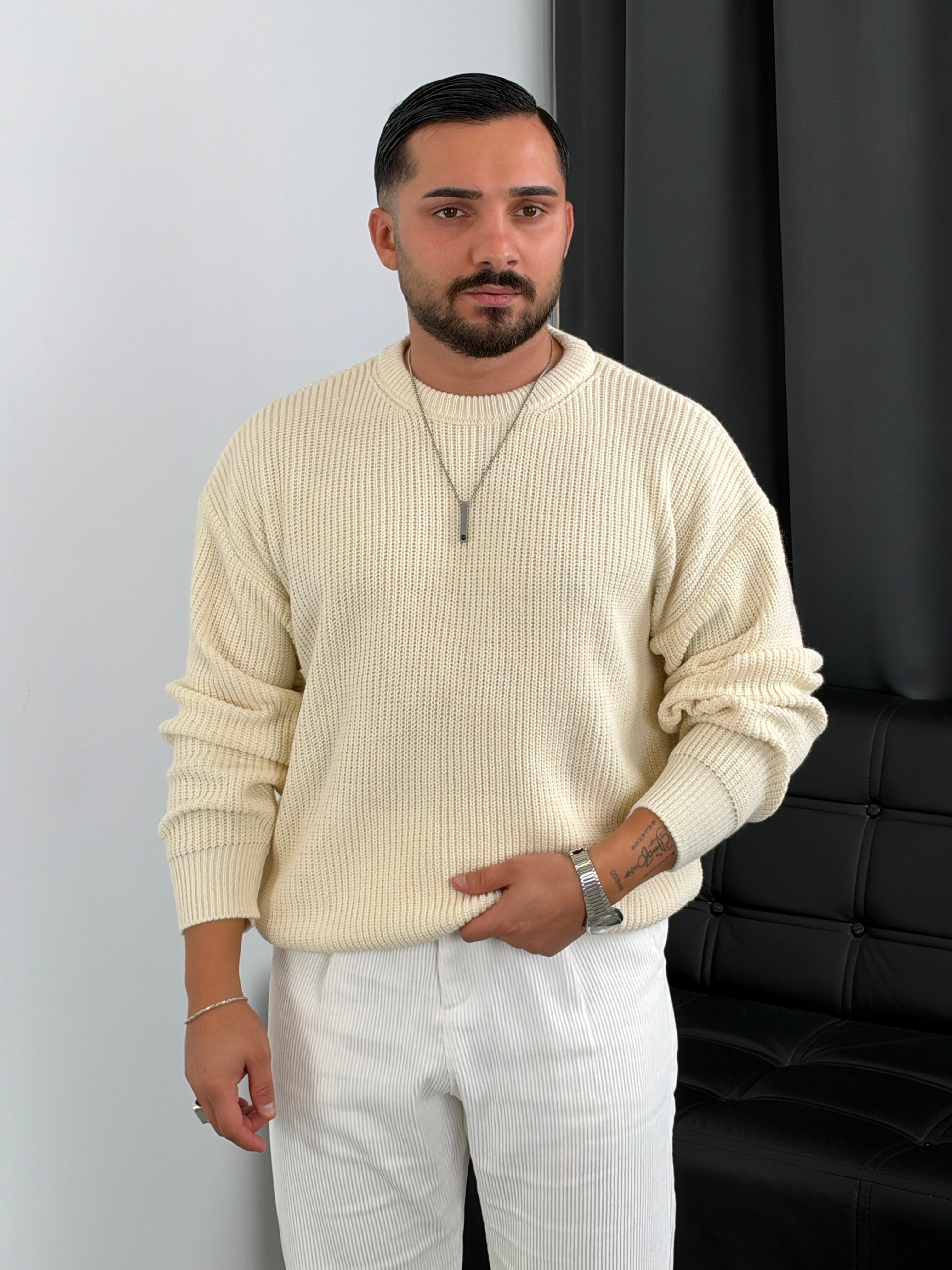 İNV Selanik Örgü Bisiklet yaka Triko Sweatshirt Ekru