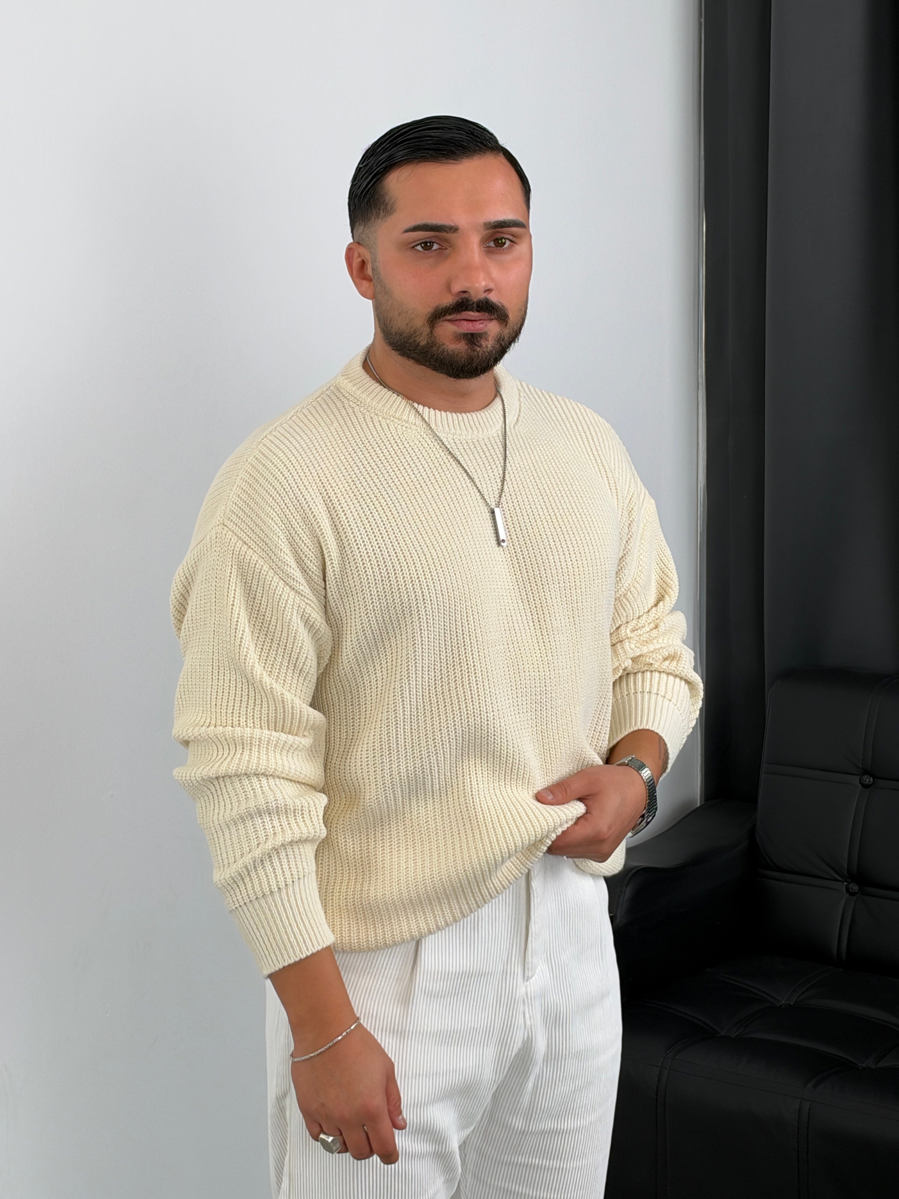 İNV Selanik Örgü Bisiklet yaka Triko Sweatshirt Ekru