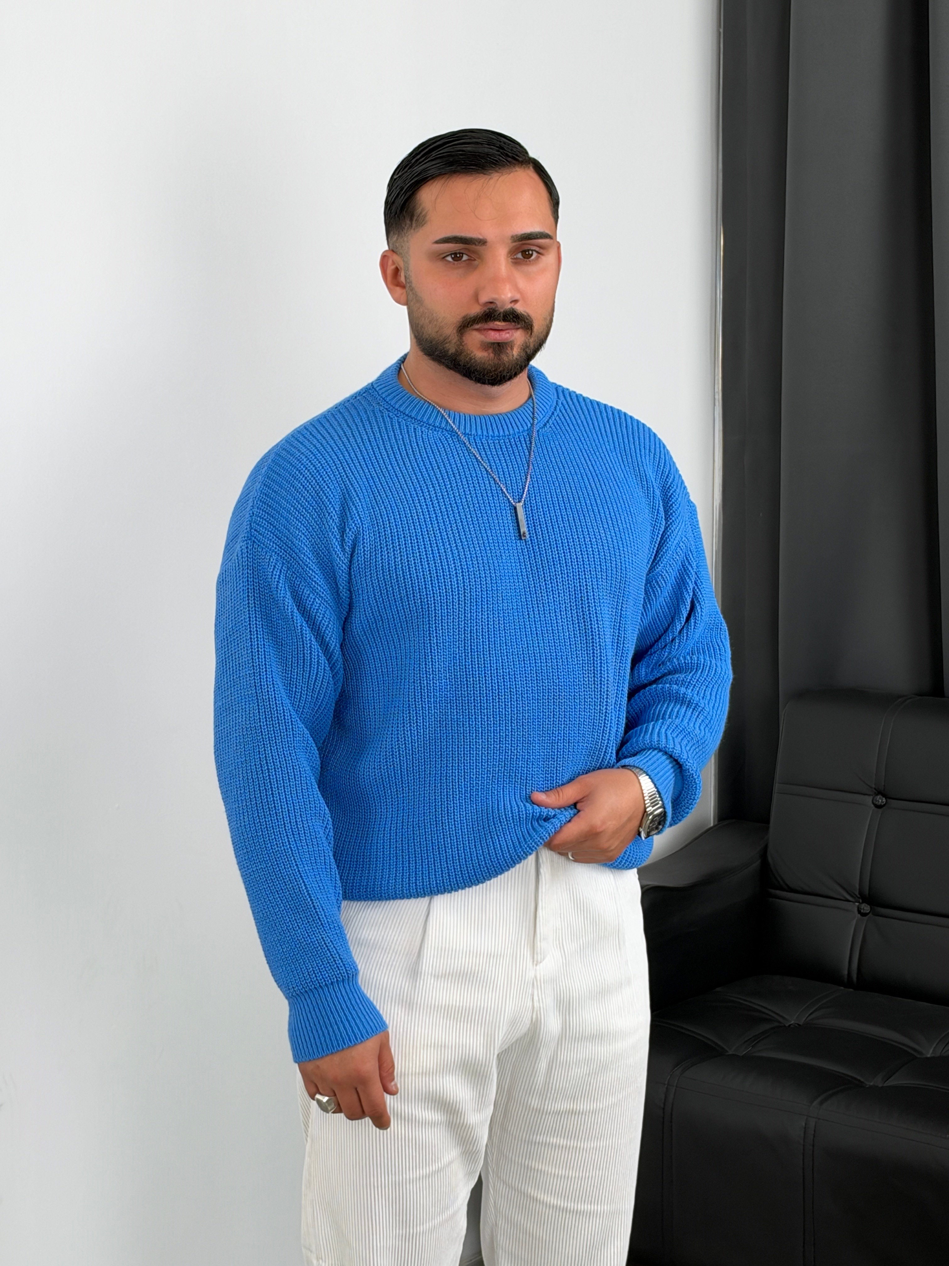İNV Selanik Örgü Bisiklet yaka Triko Sweatshirt Mavi