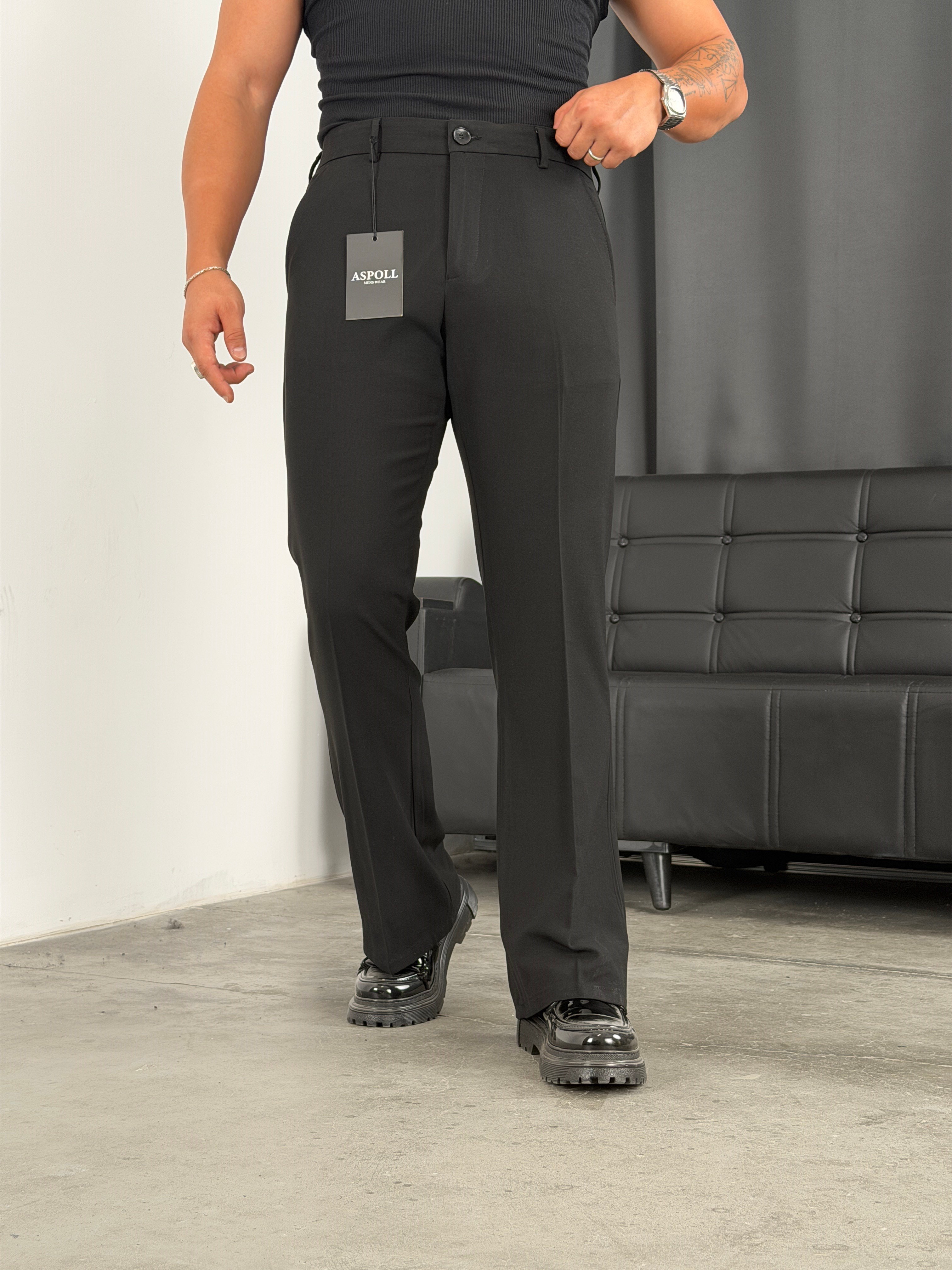 İspanyol Paça Premium Kumaş Pantolon Siyah