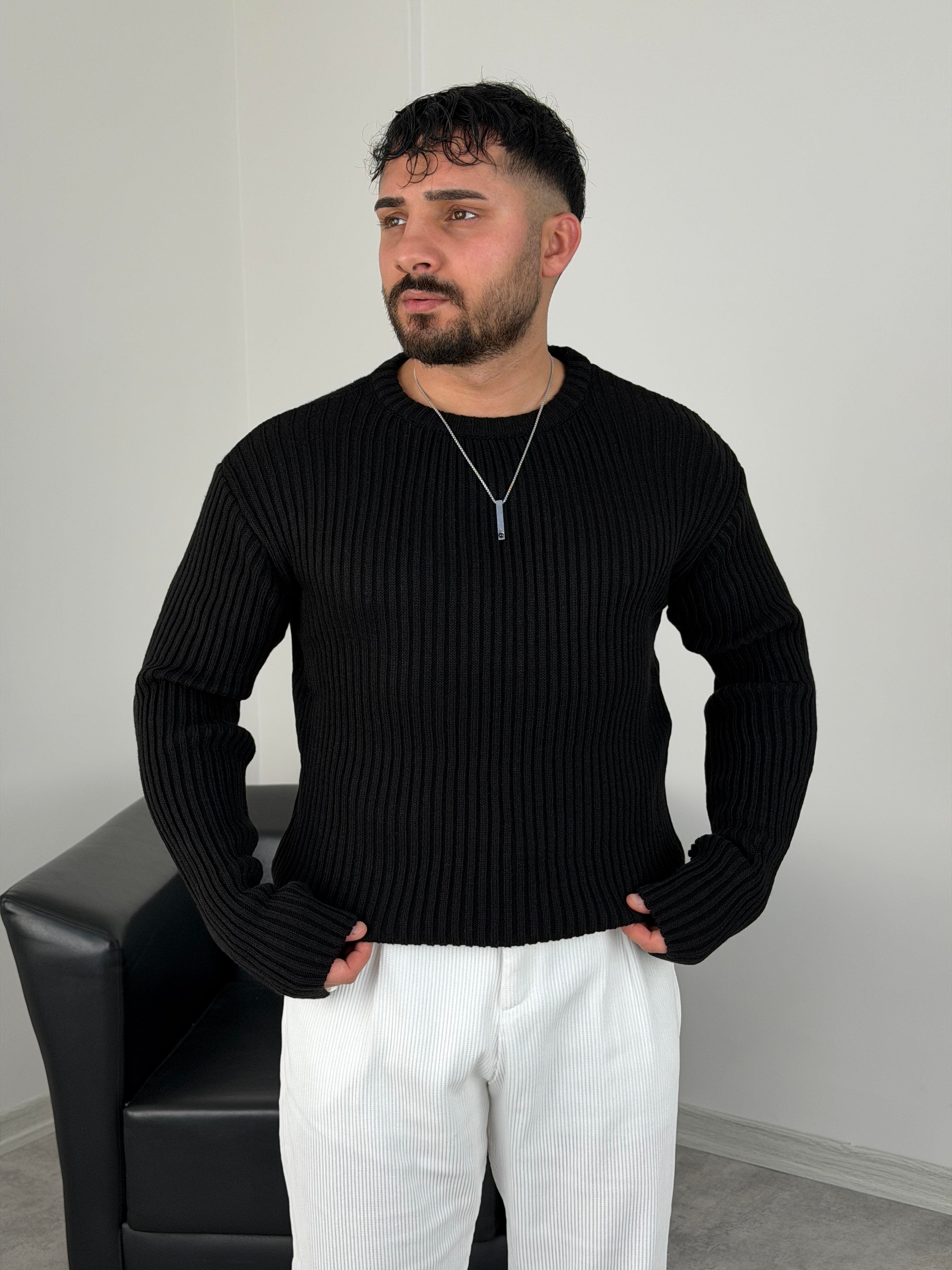 KALIN FİTİLLİ OVERSİZE TRİKO BİSİKLET YAKA SİYAH