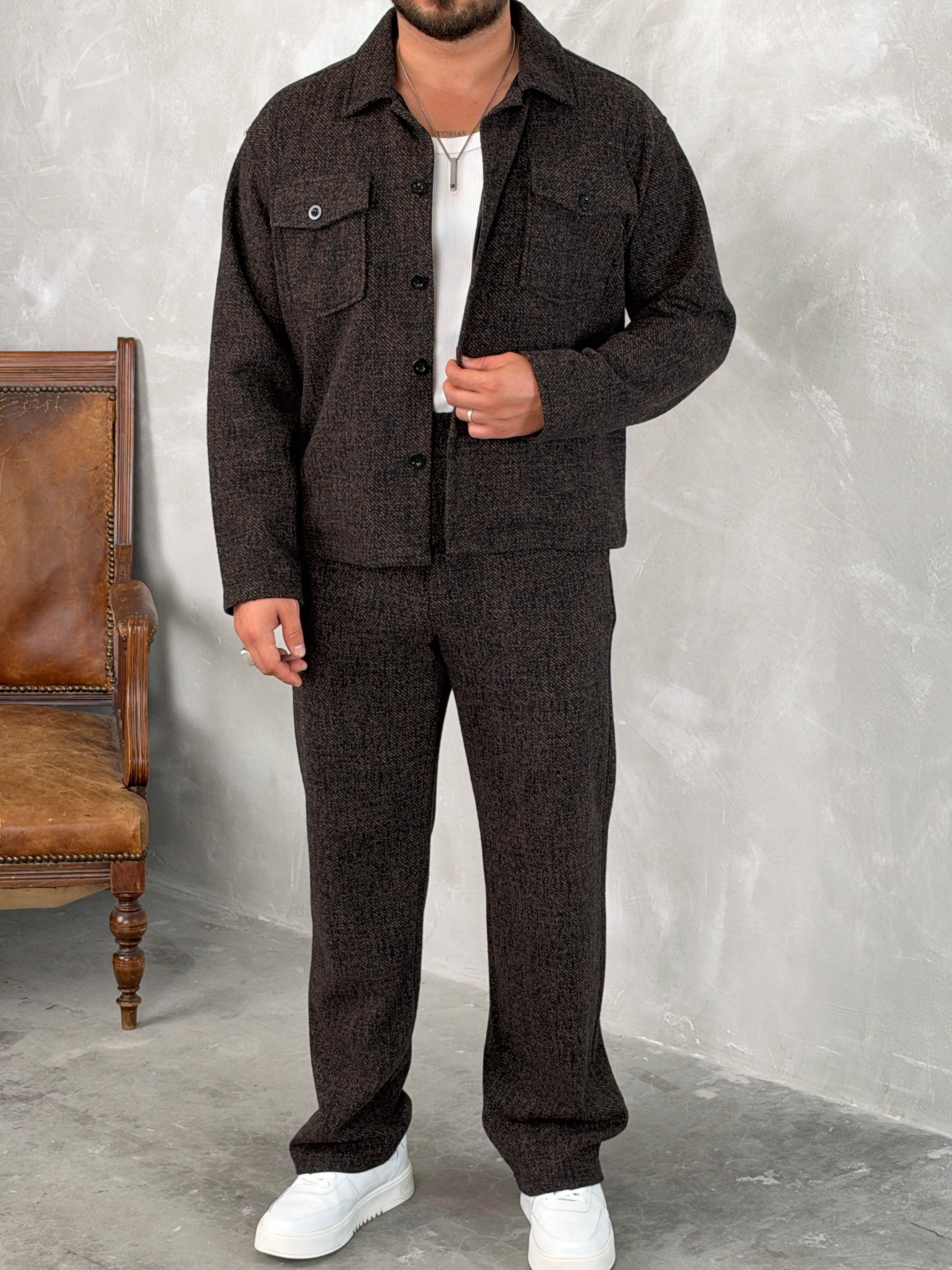 Kendinden Desenli Mevsimlik Ceketli Takım Acı Kahve