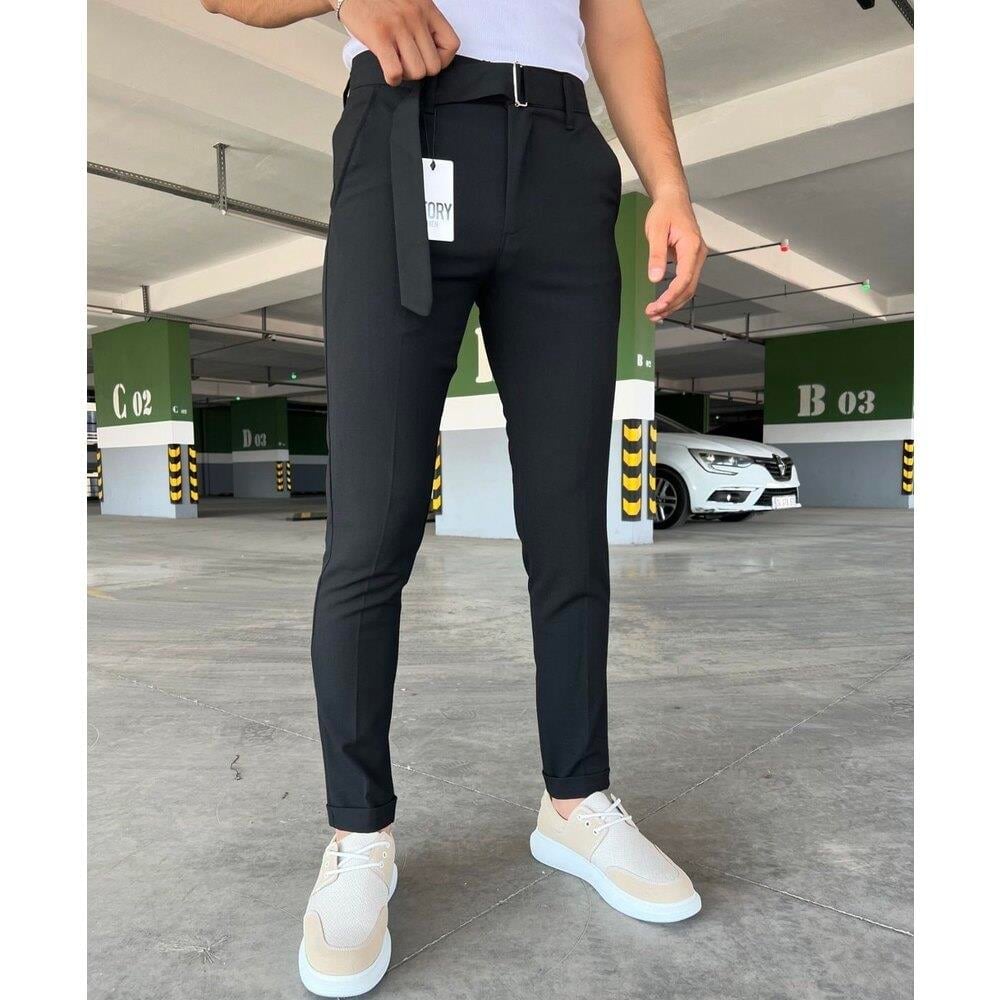 KENDİNDEN KEMERLİ DUBLE PAÇA KUMAŞ PANTOLON