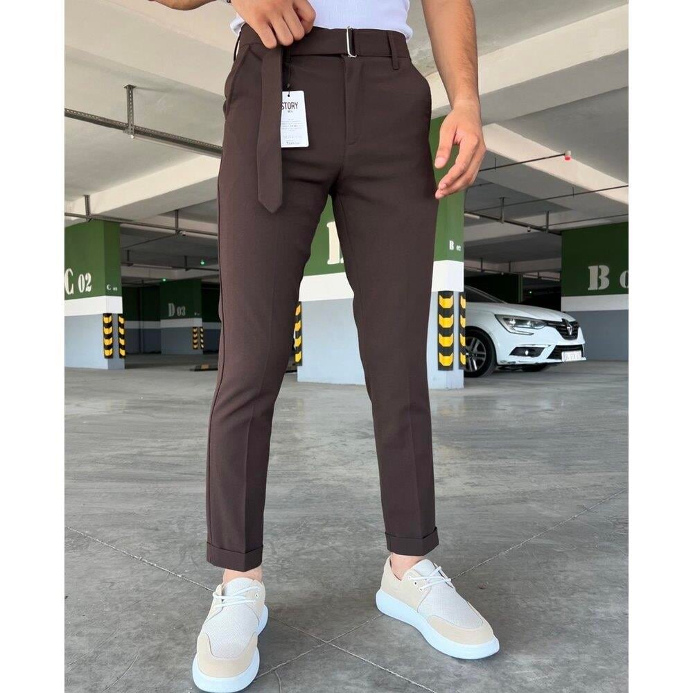 KENDİNDEN KEMERLİ DUBLE PAÇA KUMAŞ PANTOLON