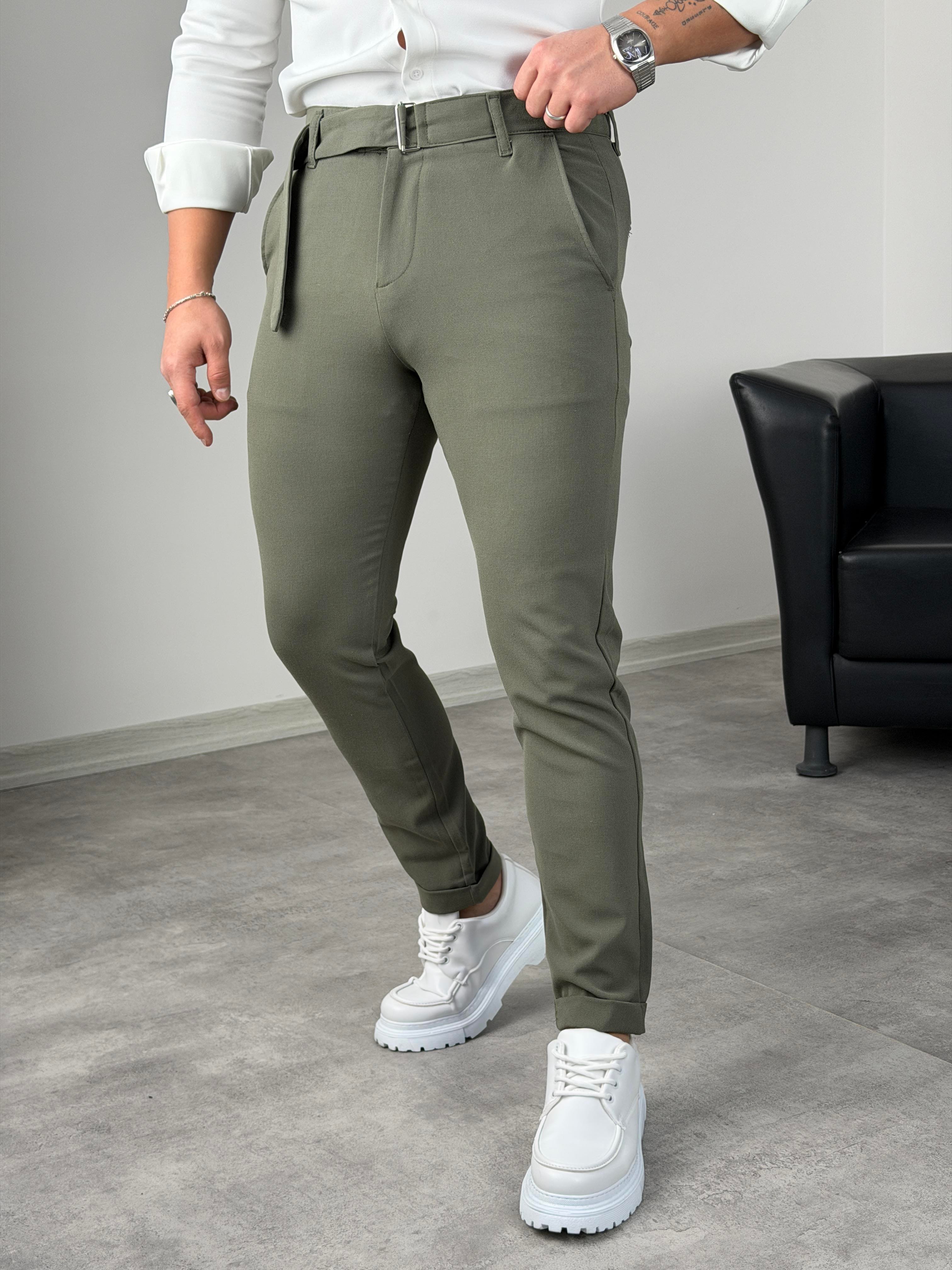 KENDİNDEN KEMERLİ DUBLE PAÇA KUMAŞ PANTOLON ÇAĞLA YEŞİLİ