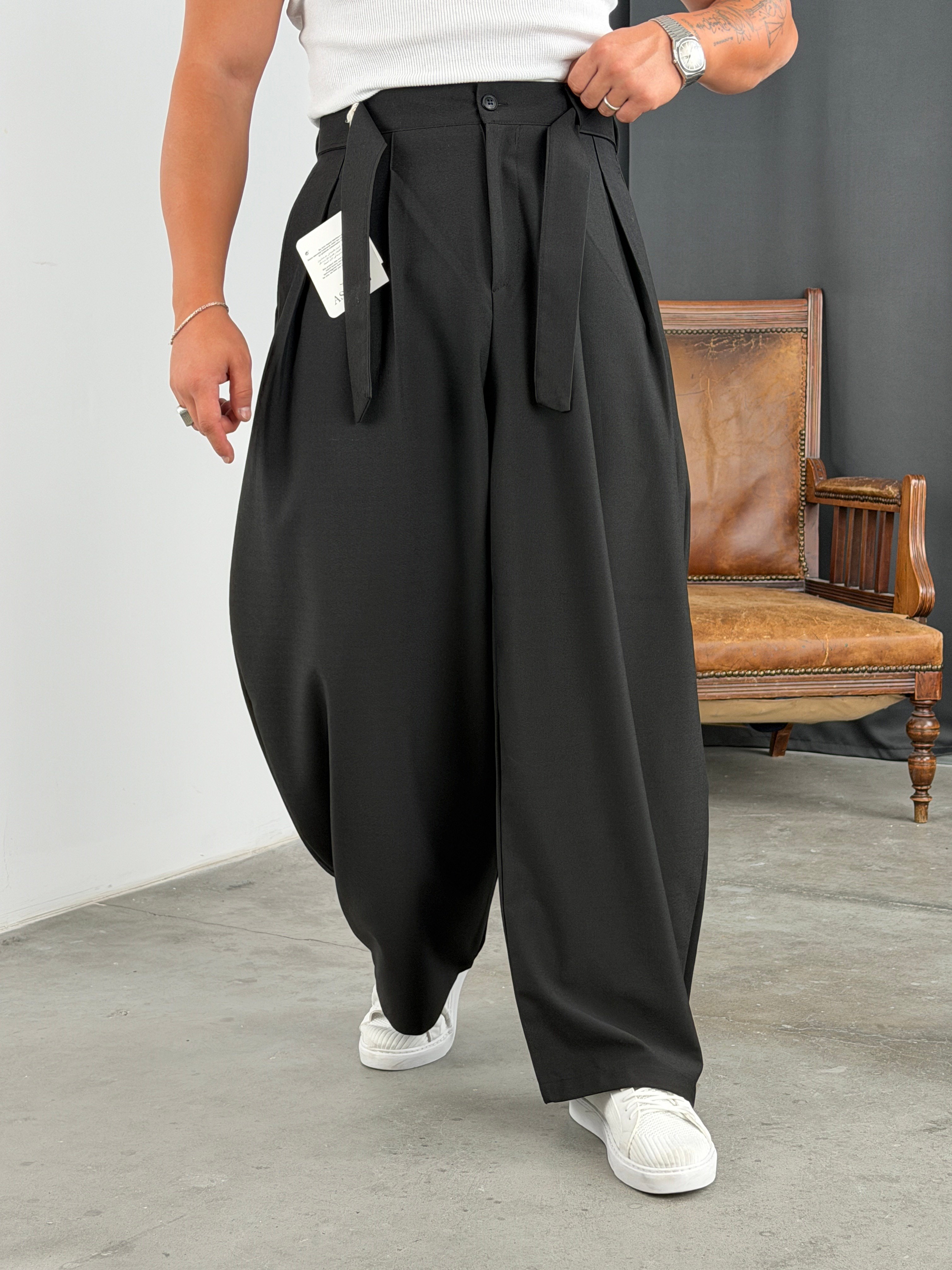 KORE MODEL KUŞAKLI PREMİUM BAGGY PANTOLON SİYAH