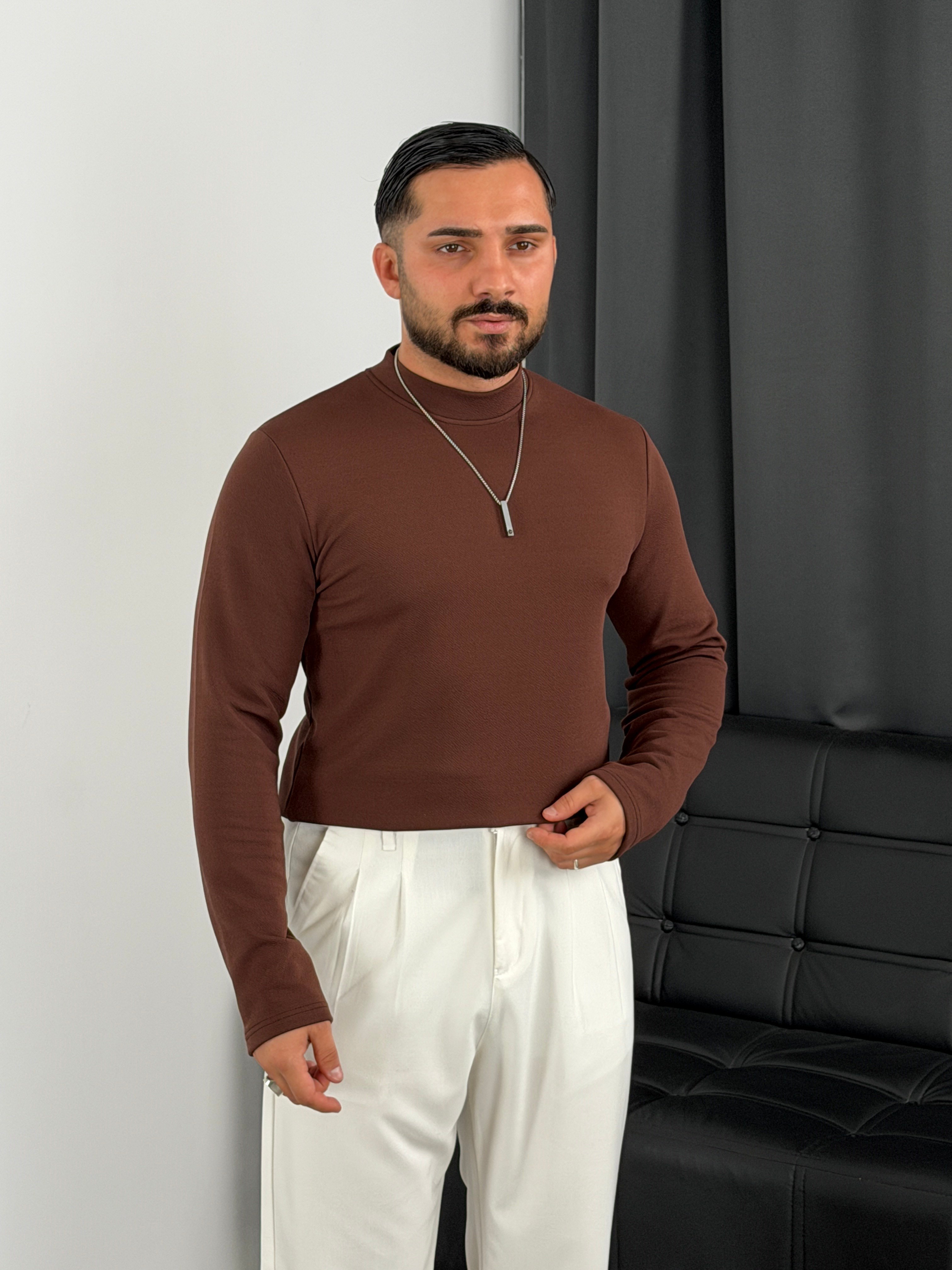 Krep Balıkçı Yaka İçi Şardonlu Sweatshirt Acı Kahve