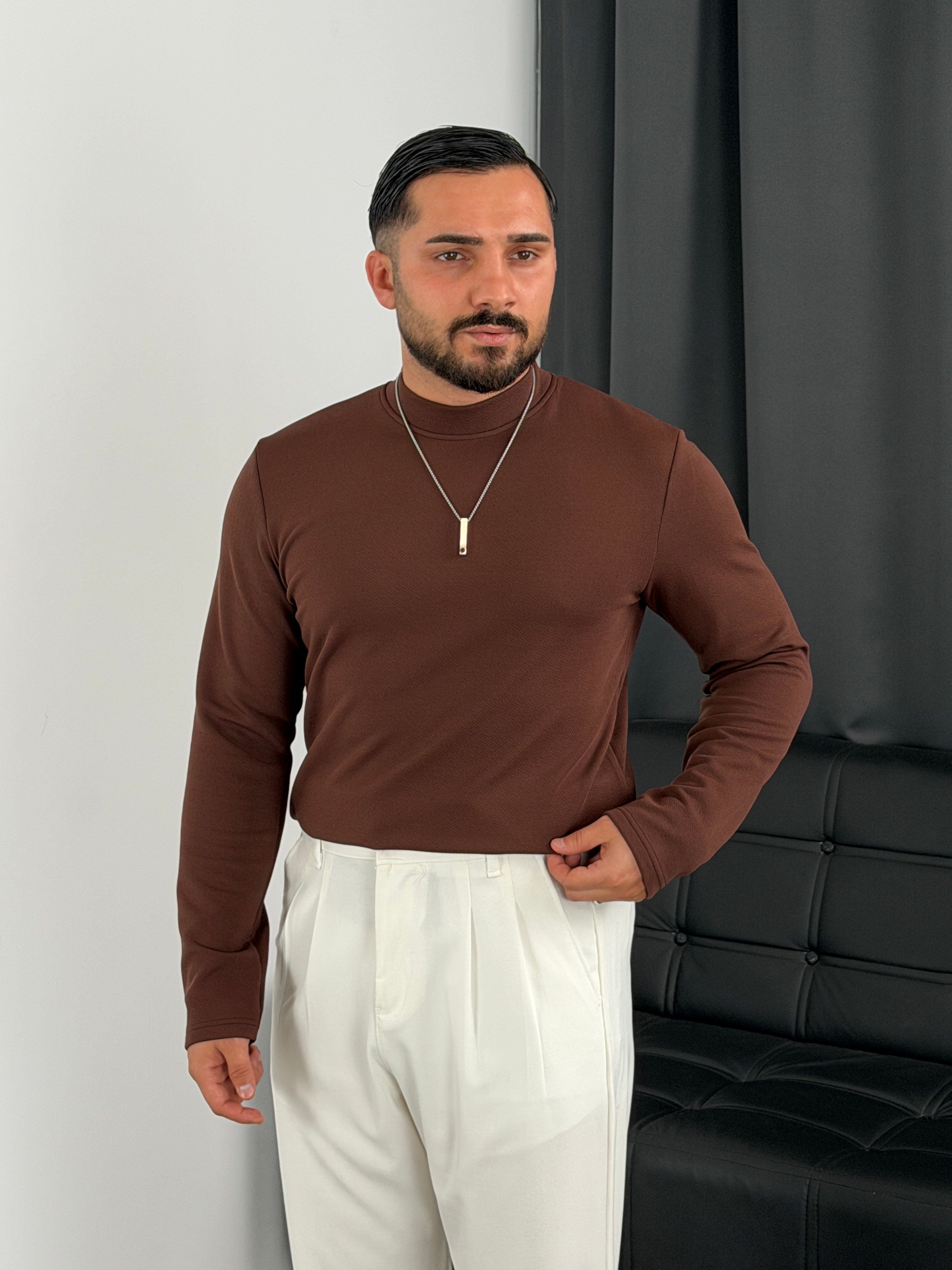 Krep Balıkçı Yaka İçi Şardonlu Sweatshirt Acı Kahve