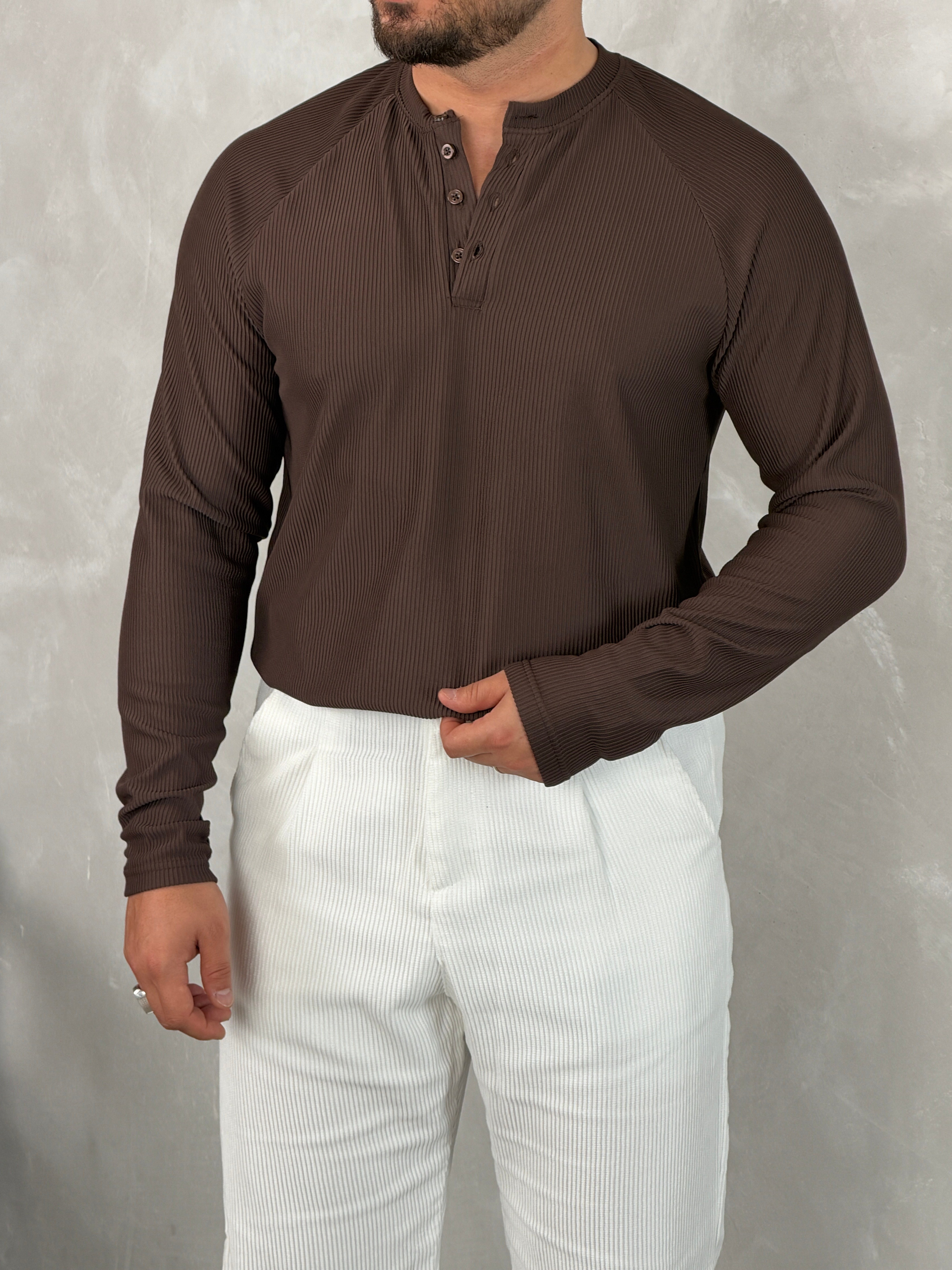 Ottoman Henley Yaka Sweatshirt Acı Kahve
