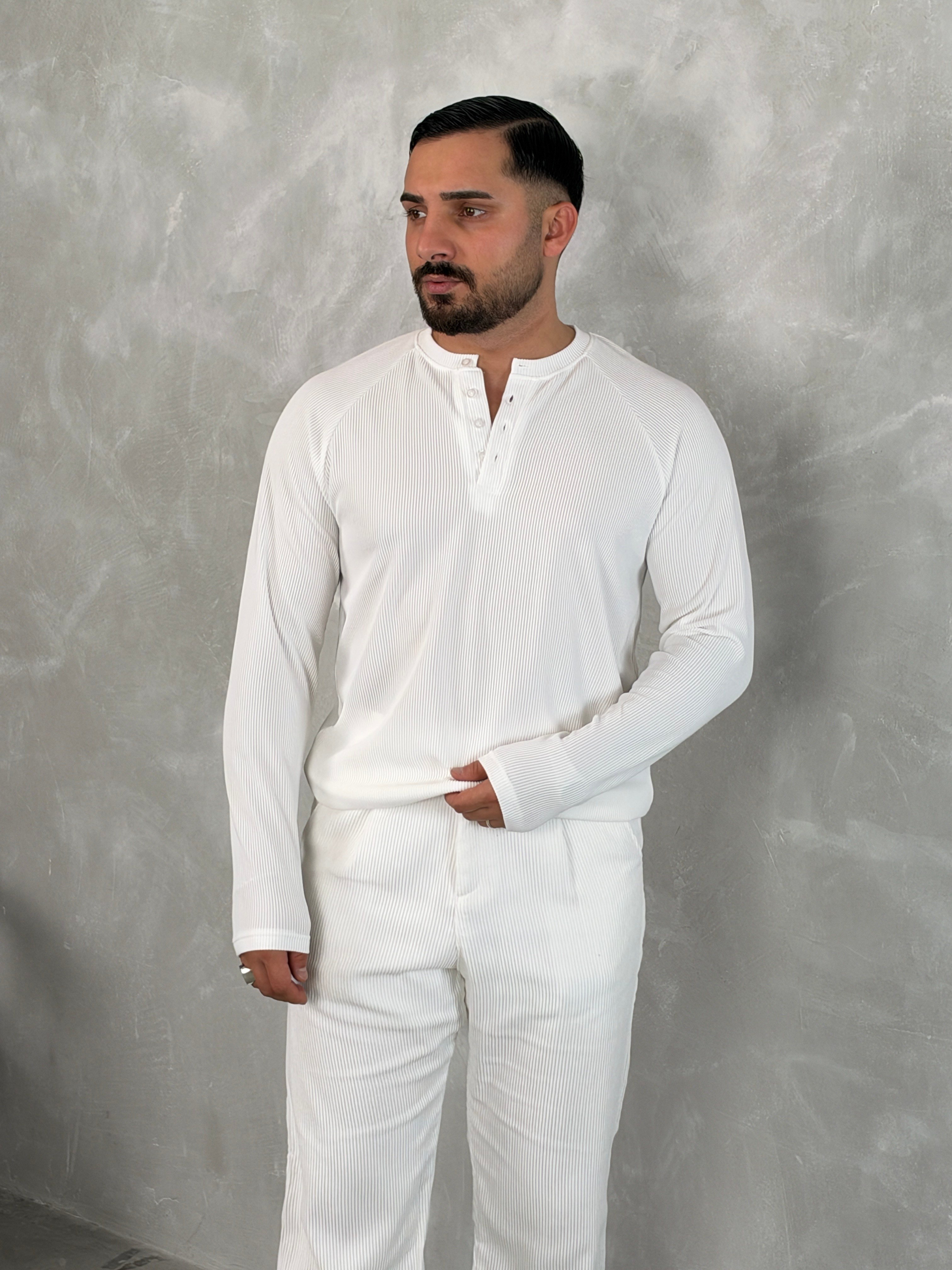 Ottoman Henley Yaka Sweatshirt Beyaz