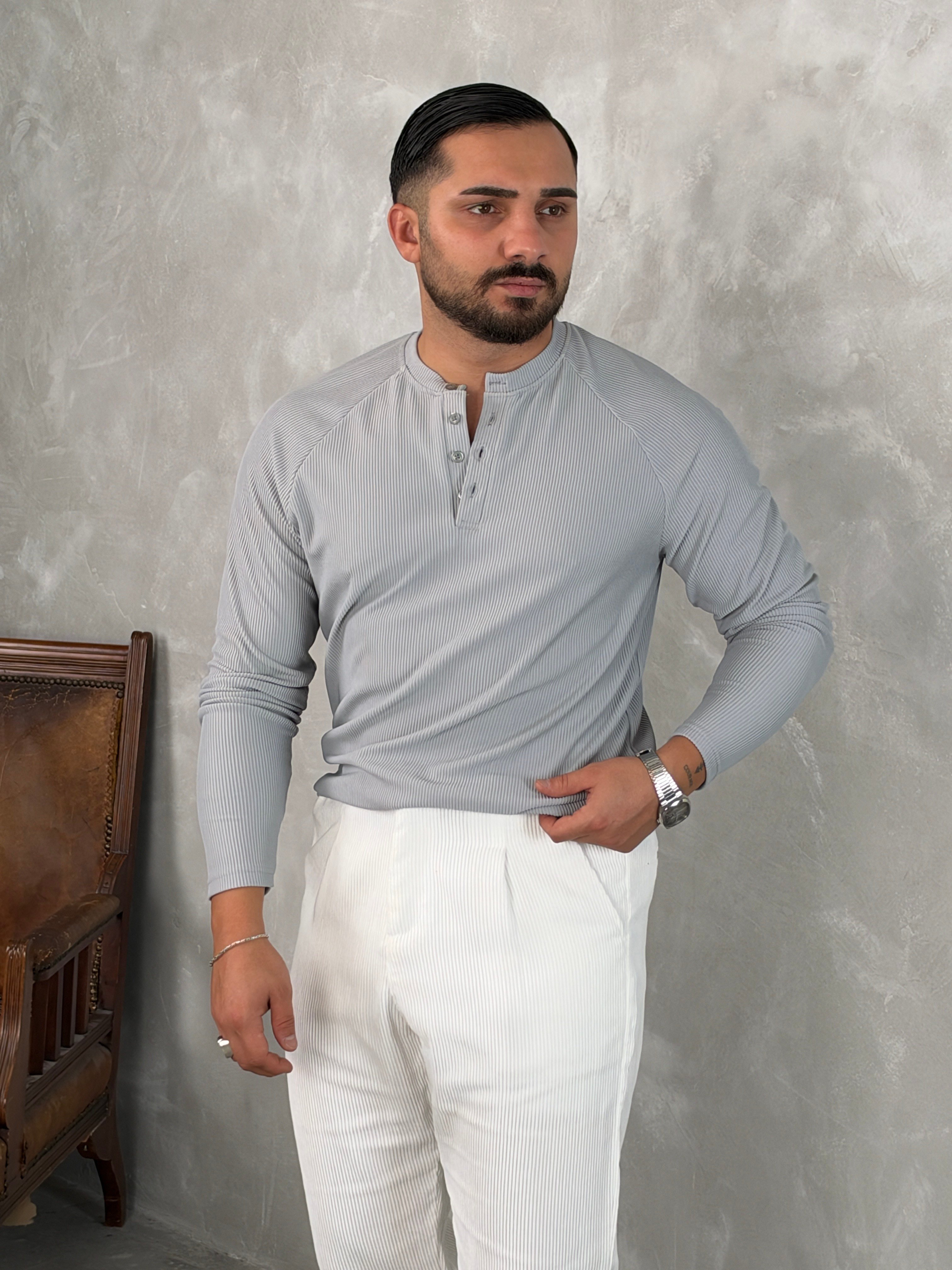 Ottoman Henley Yaka Sweatshirt Gri