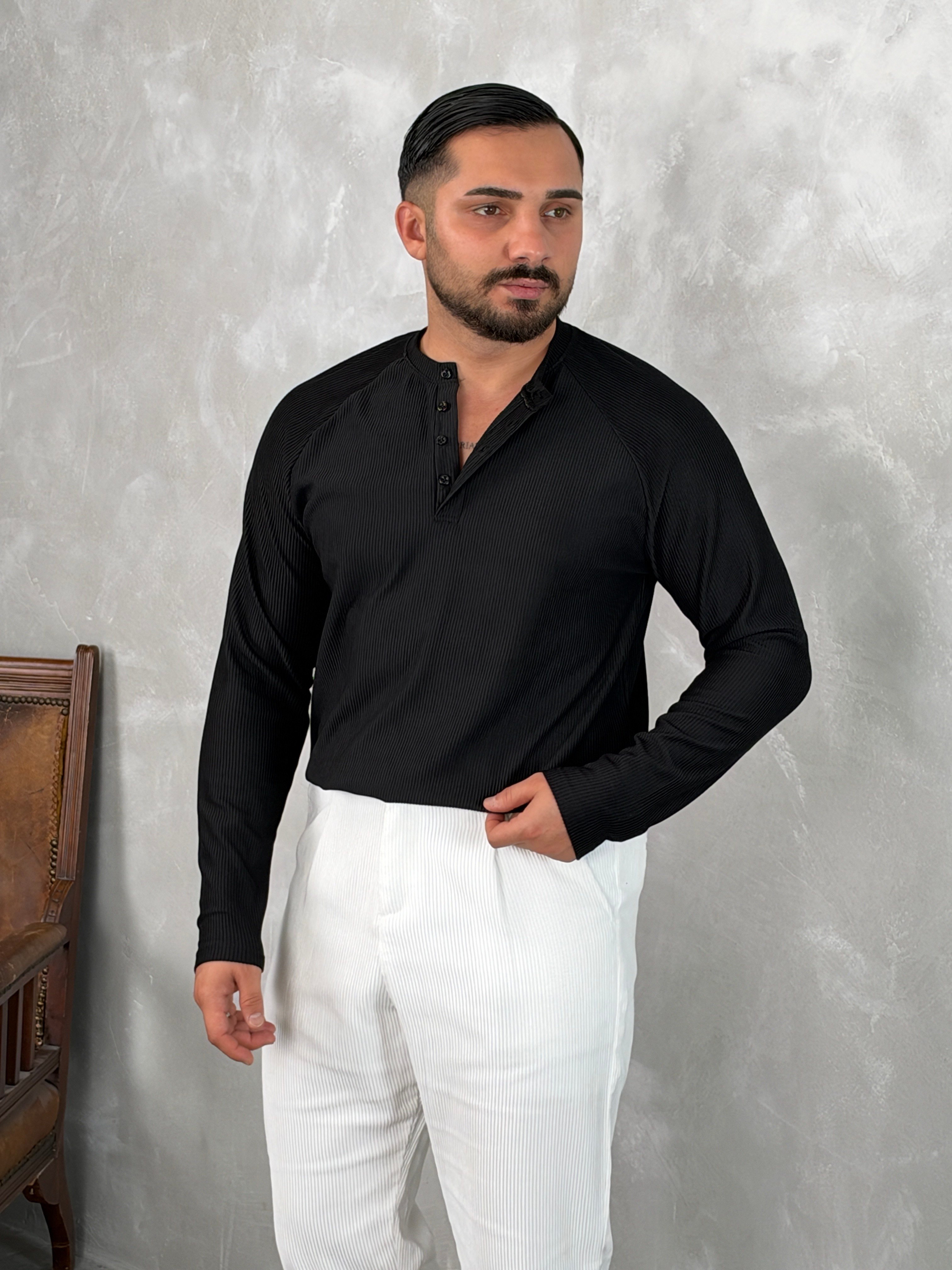 Ottoman Henley Yaka Sweatshirt Siyah
