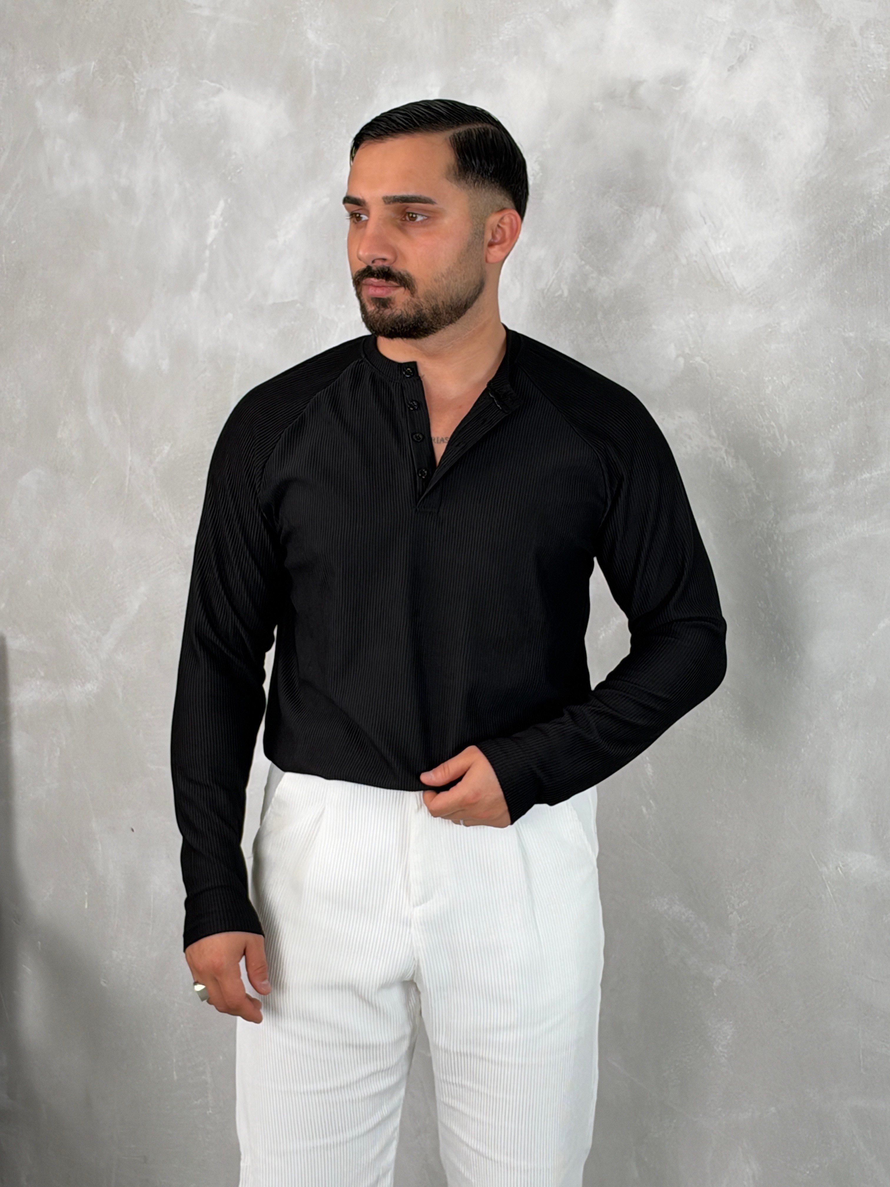 Ottoman Henley Yaka Sweatshirt Siyah