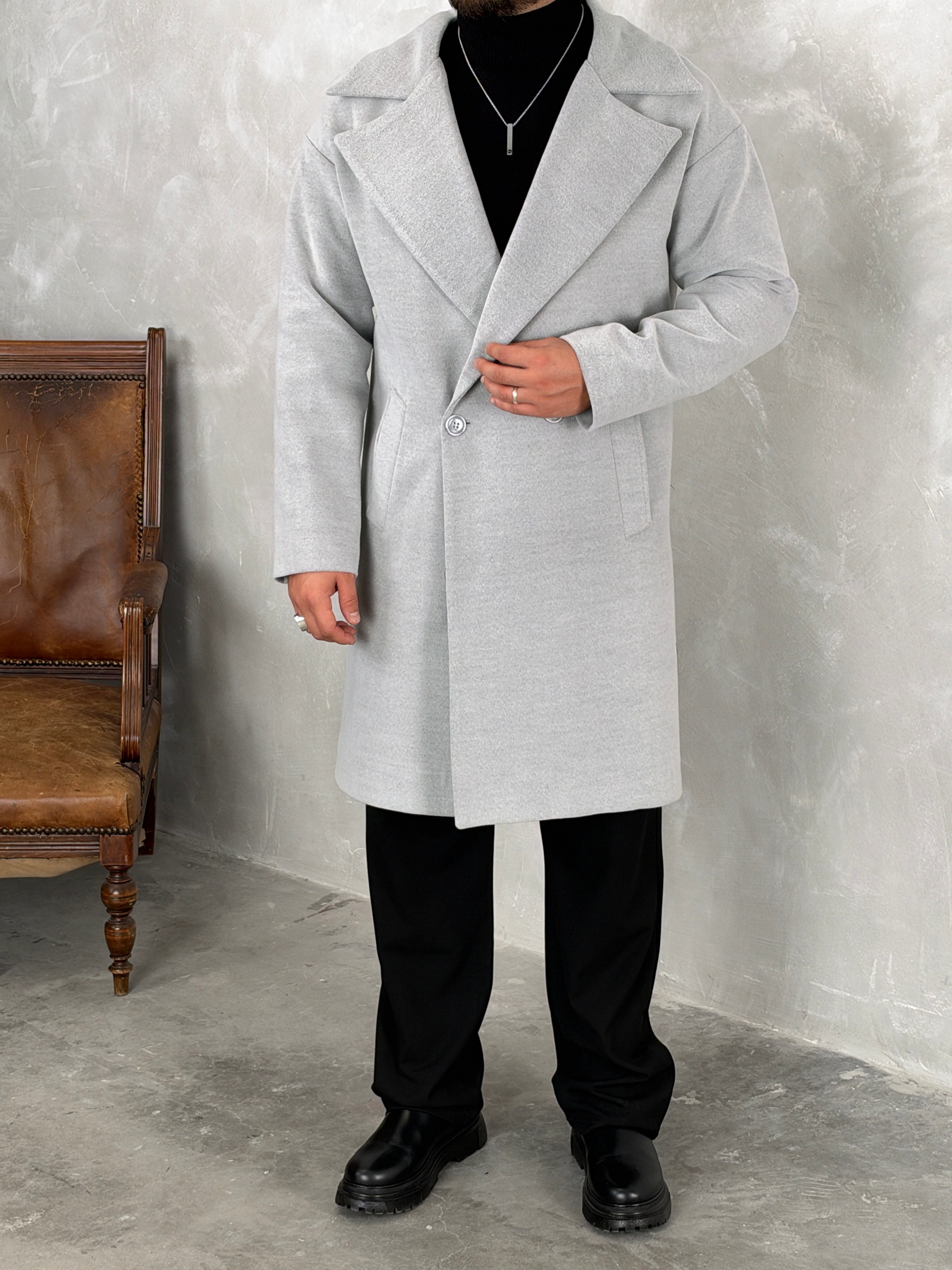 Oversize Astarlı Kaşe Kaban Gri