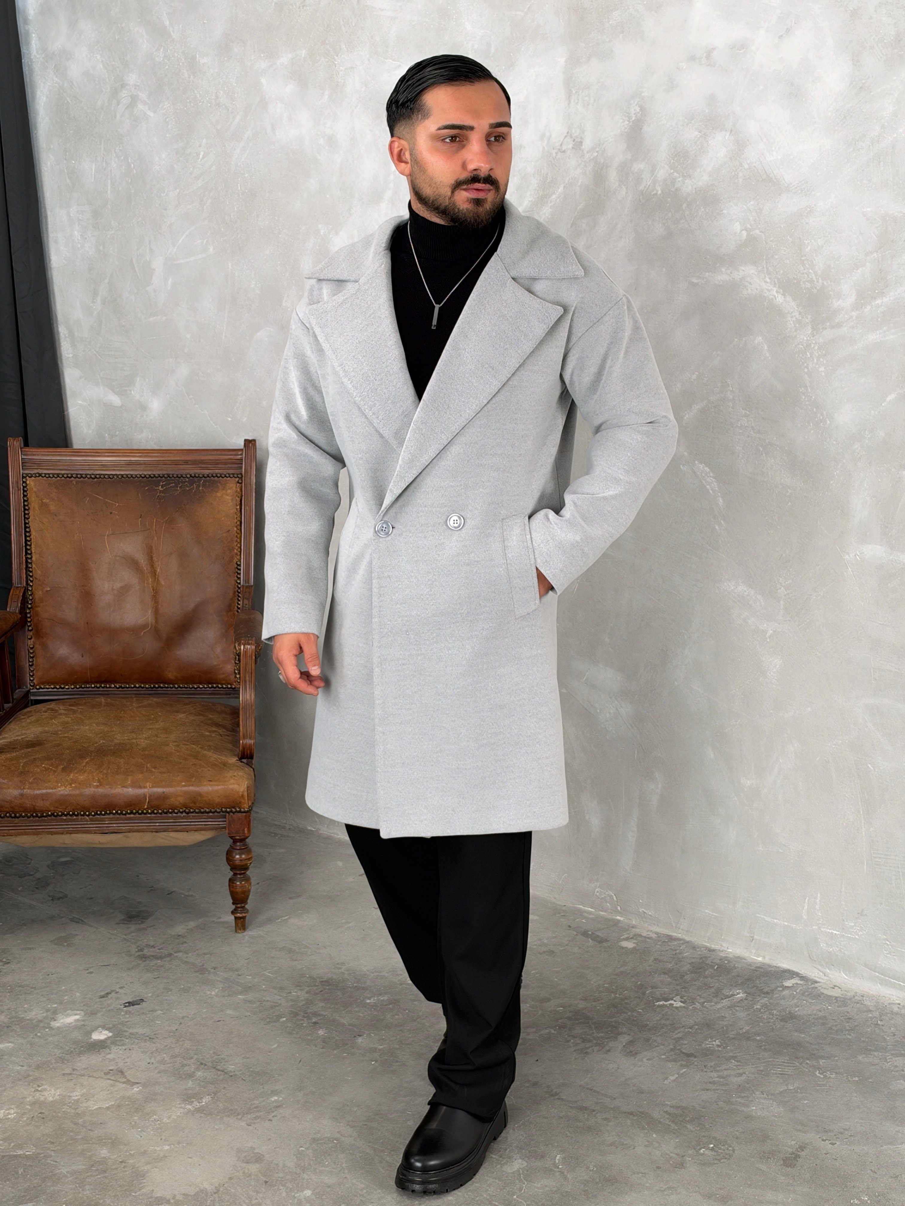 Oversize Astarlı Kaşe Kaban Gri
