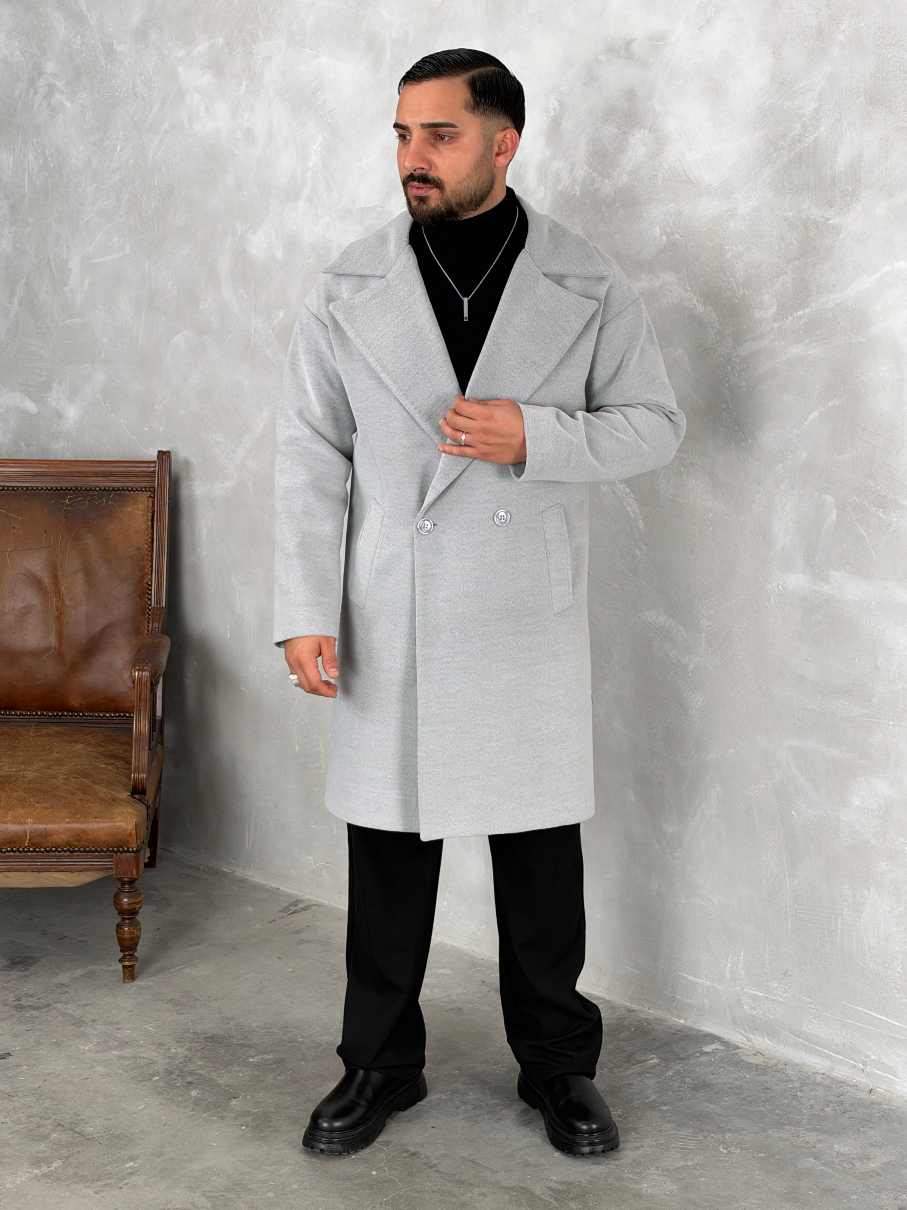 Oversize Astarlı Kaşe Kaban Gri