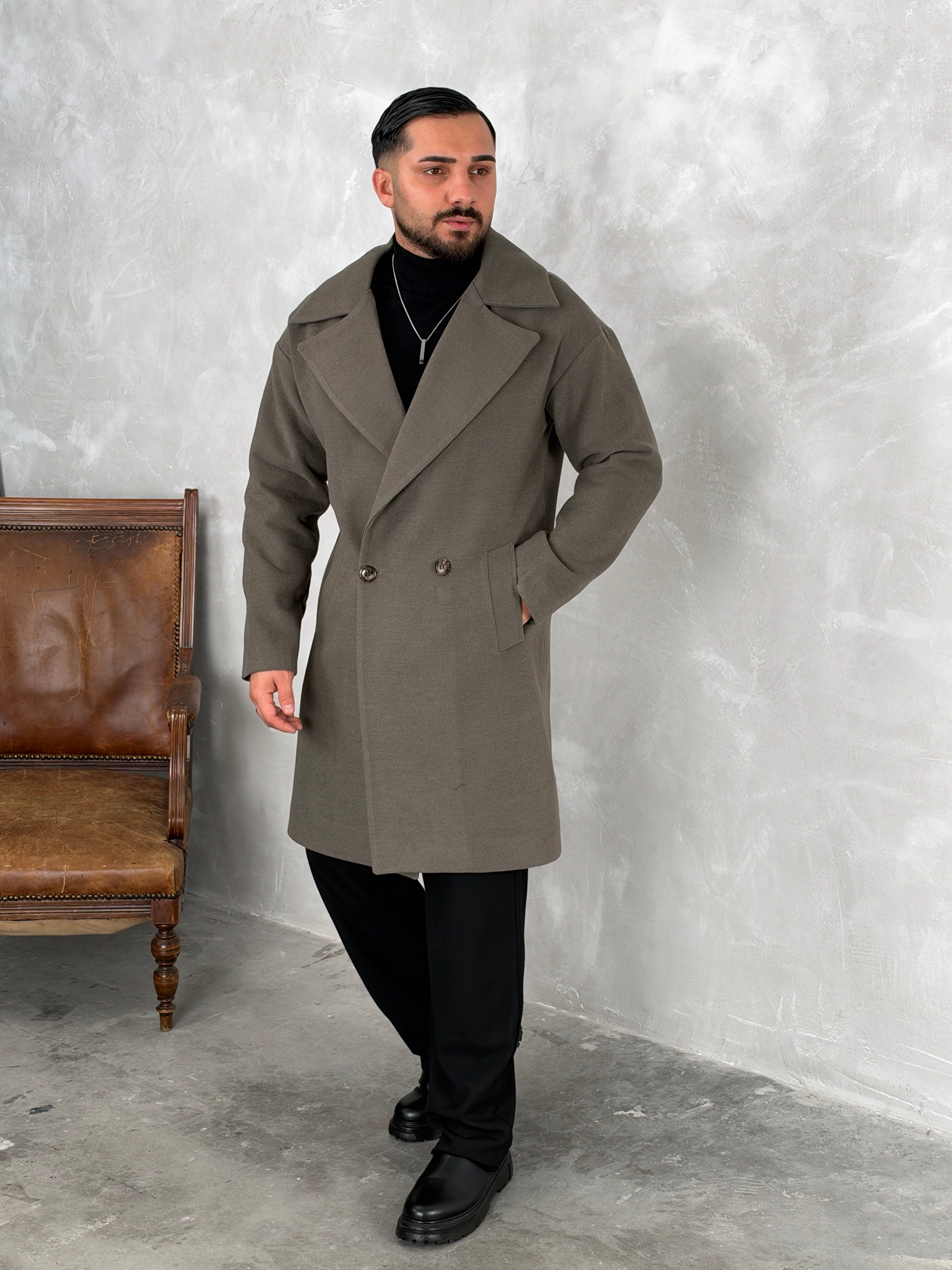 Oversize Astarlı Kaşe Kaban Haki Yeşil
