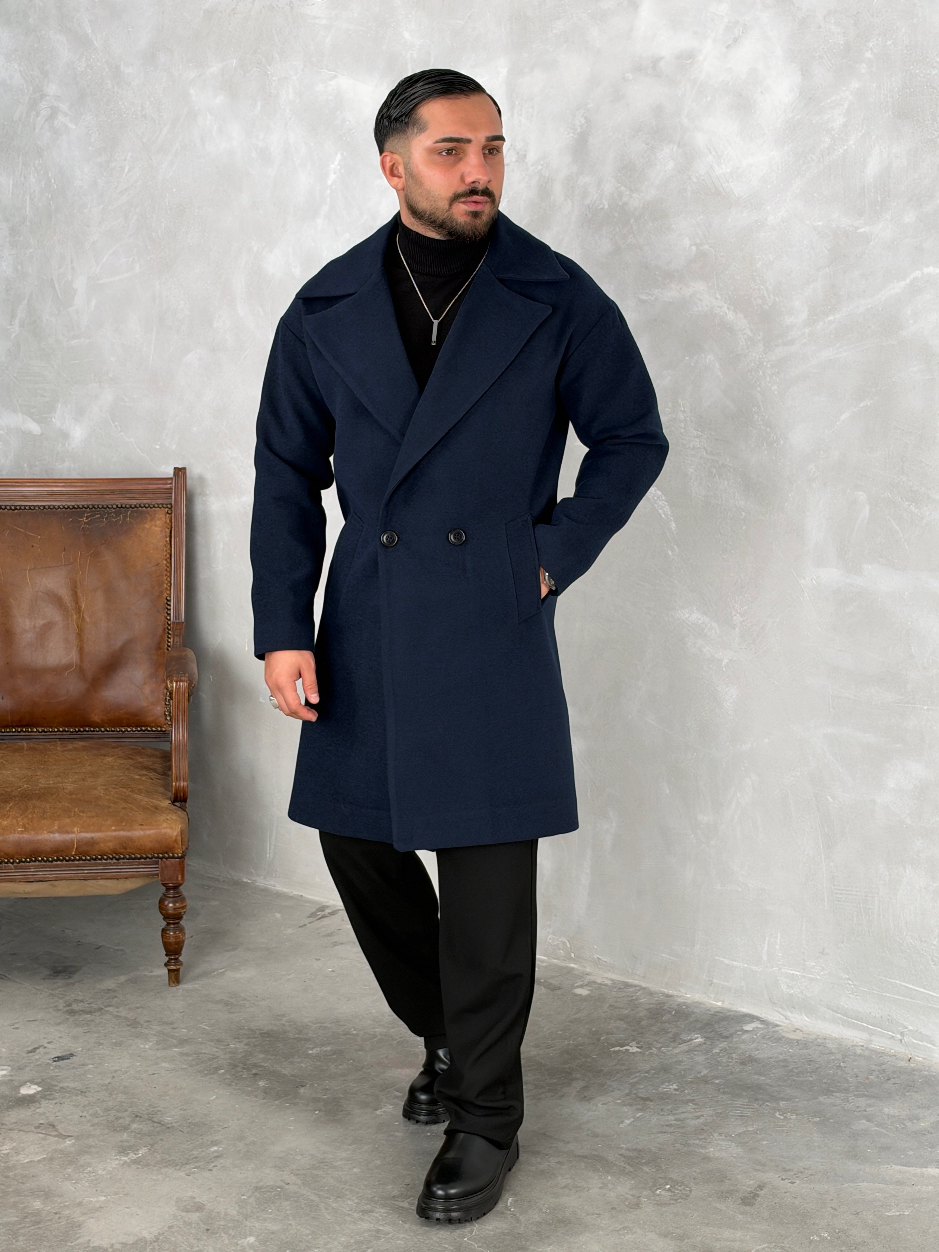 Oversize Astarlı Kaşe Kaban Lacivert