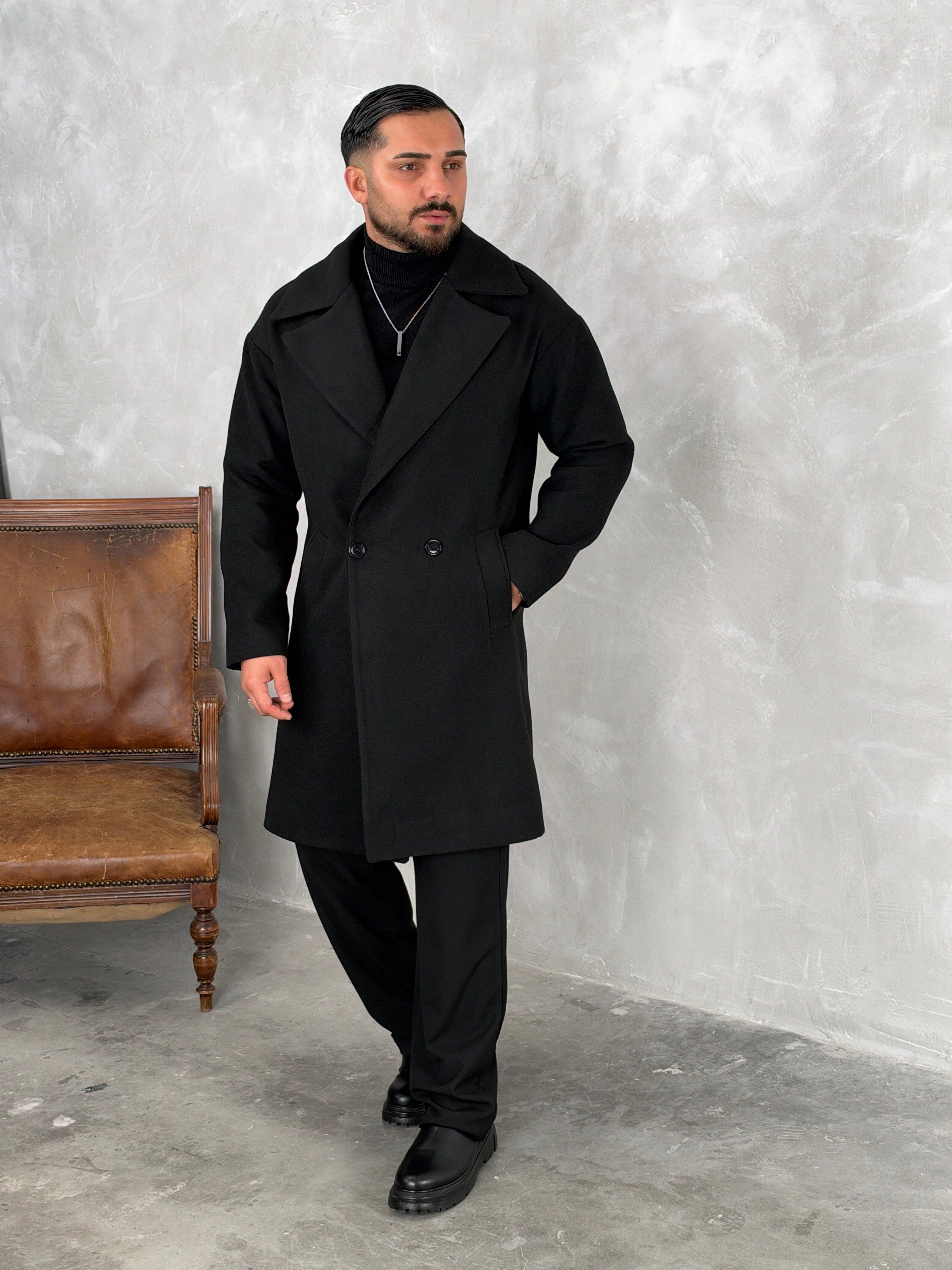 Oversize Astarlı Kaşe Kaban Siyah