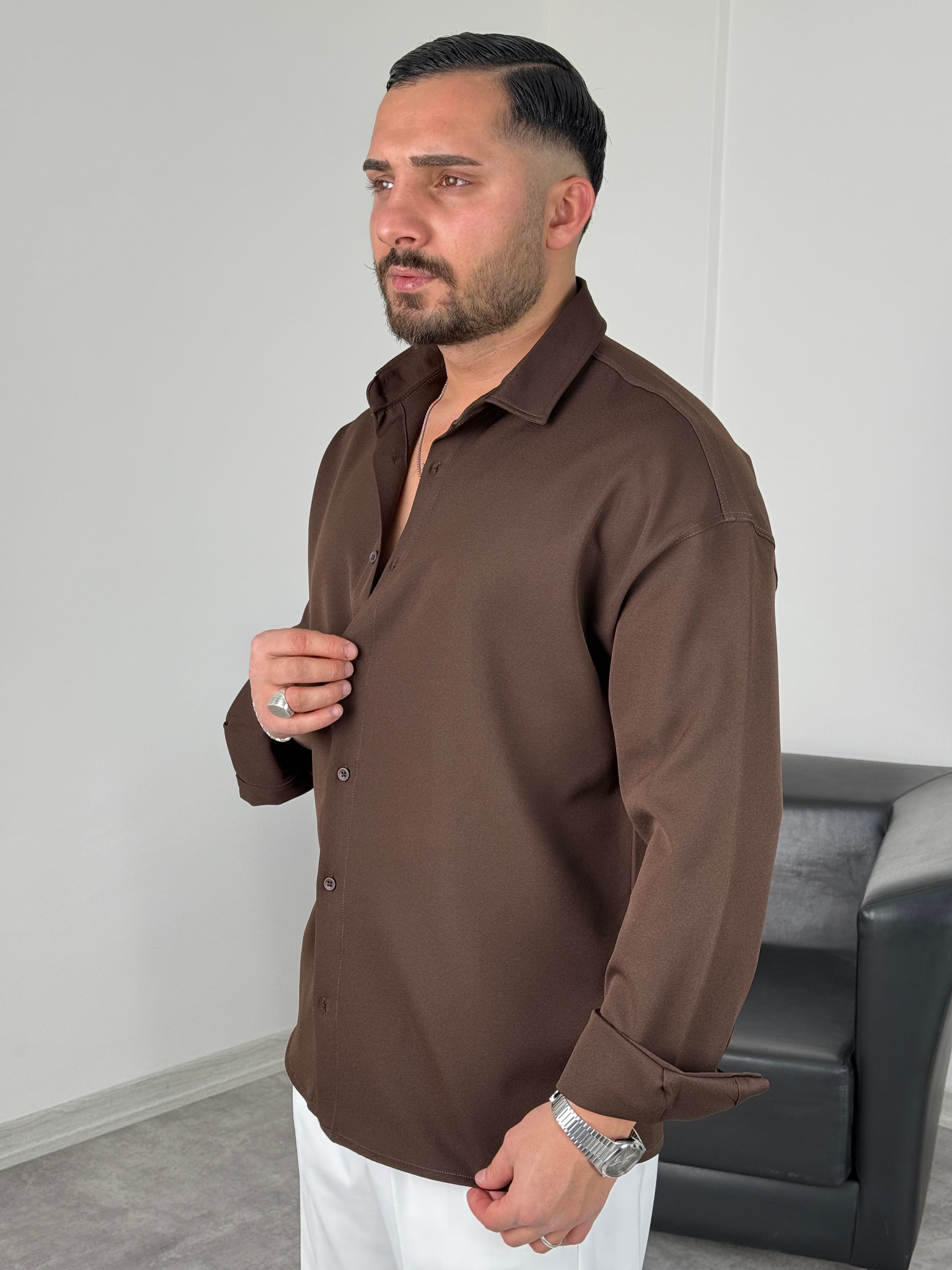 OVERSİZE DABIL İTHAL KUMAŞ GÖMLEK ACI KAHVE