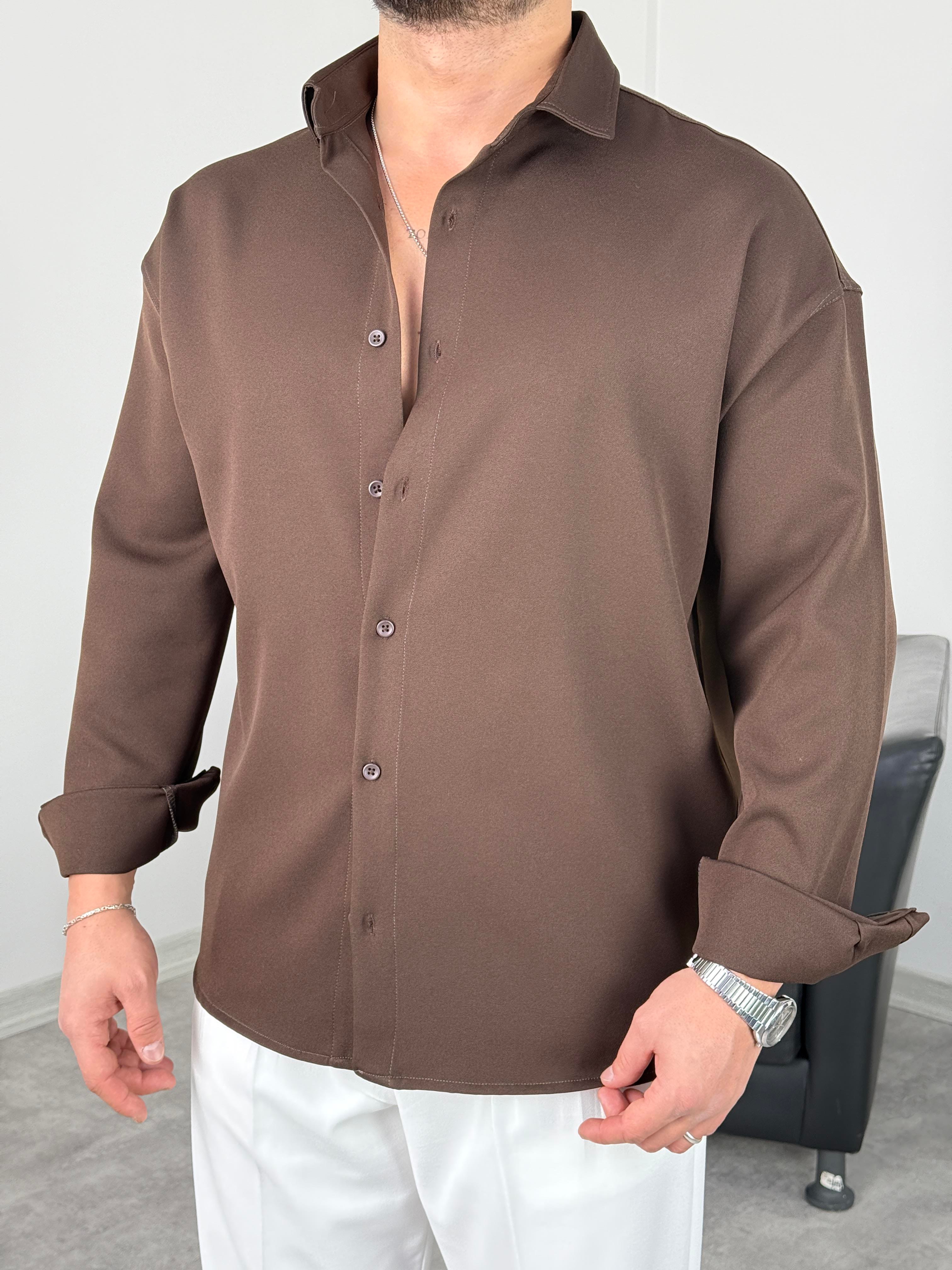 OVERSİZE DABIL İTHAL KUMAŞ GÖMLEK ACI KAHVE