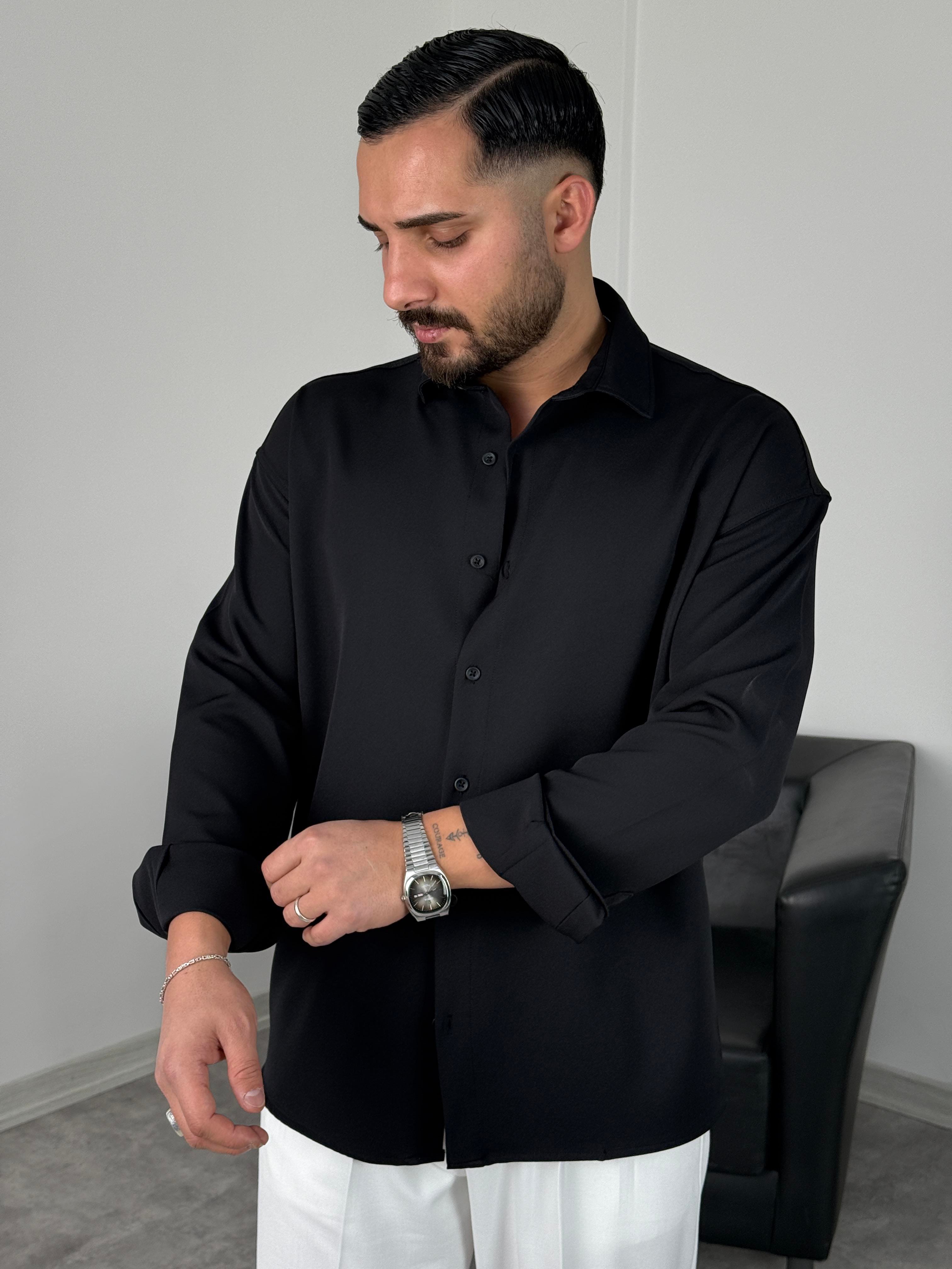 OVERSİZE DABIL İTHAL KUMAŞ GÖMLEK SİYAH