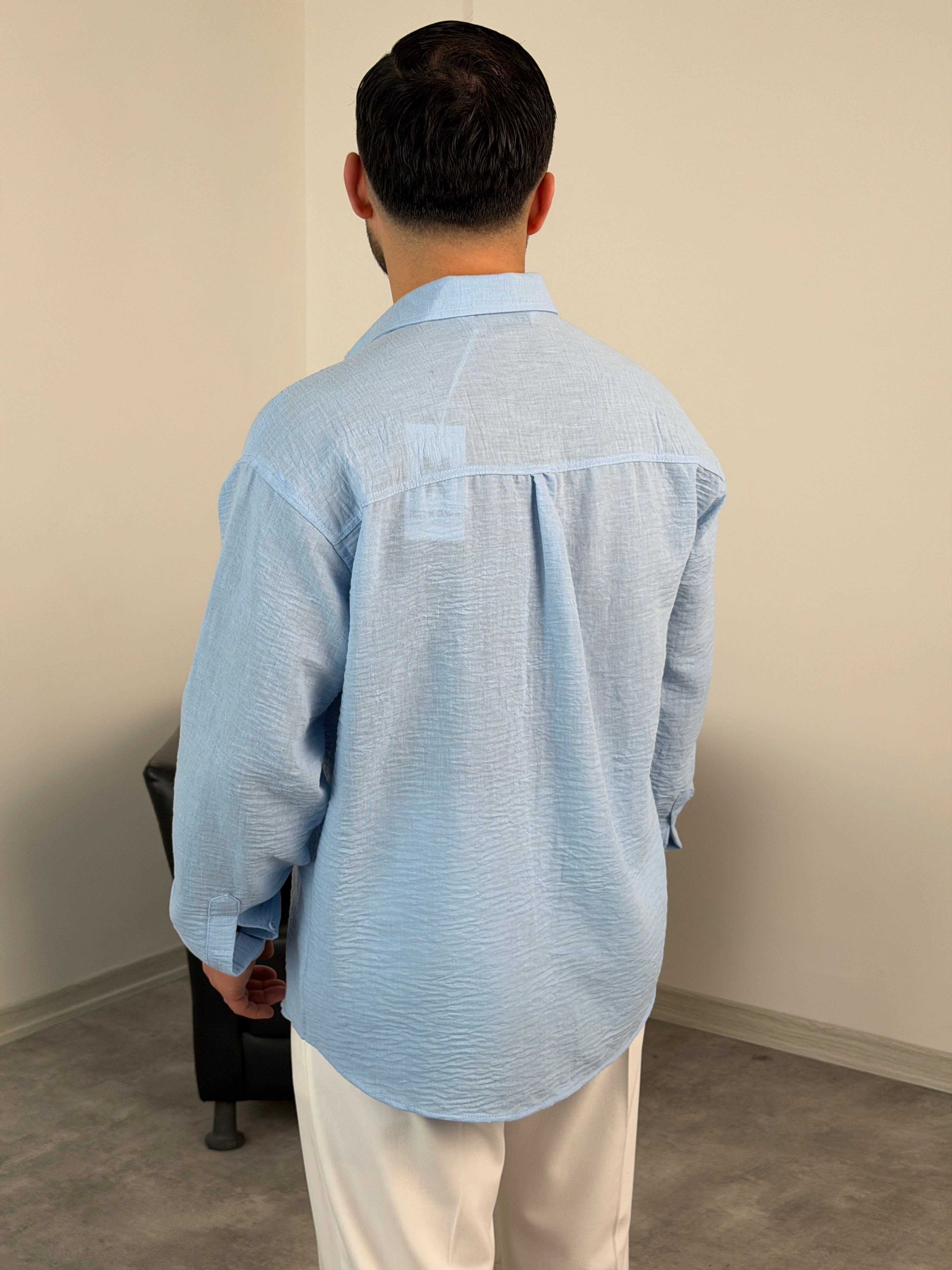 PERA KETEN UZUNKOL OVERSİZE GÖMLEK BEBE MAVİ