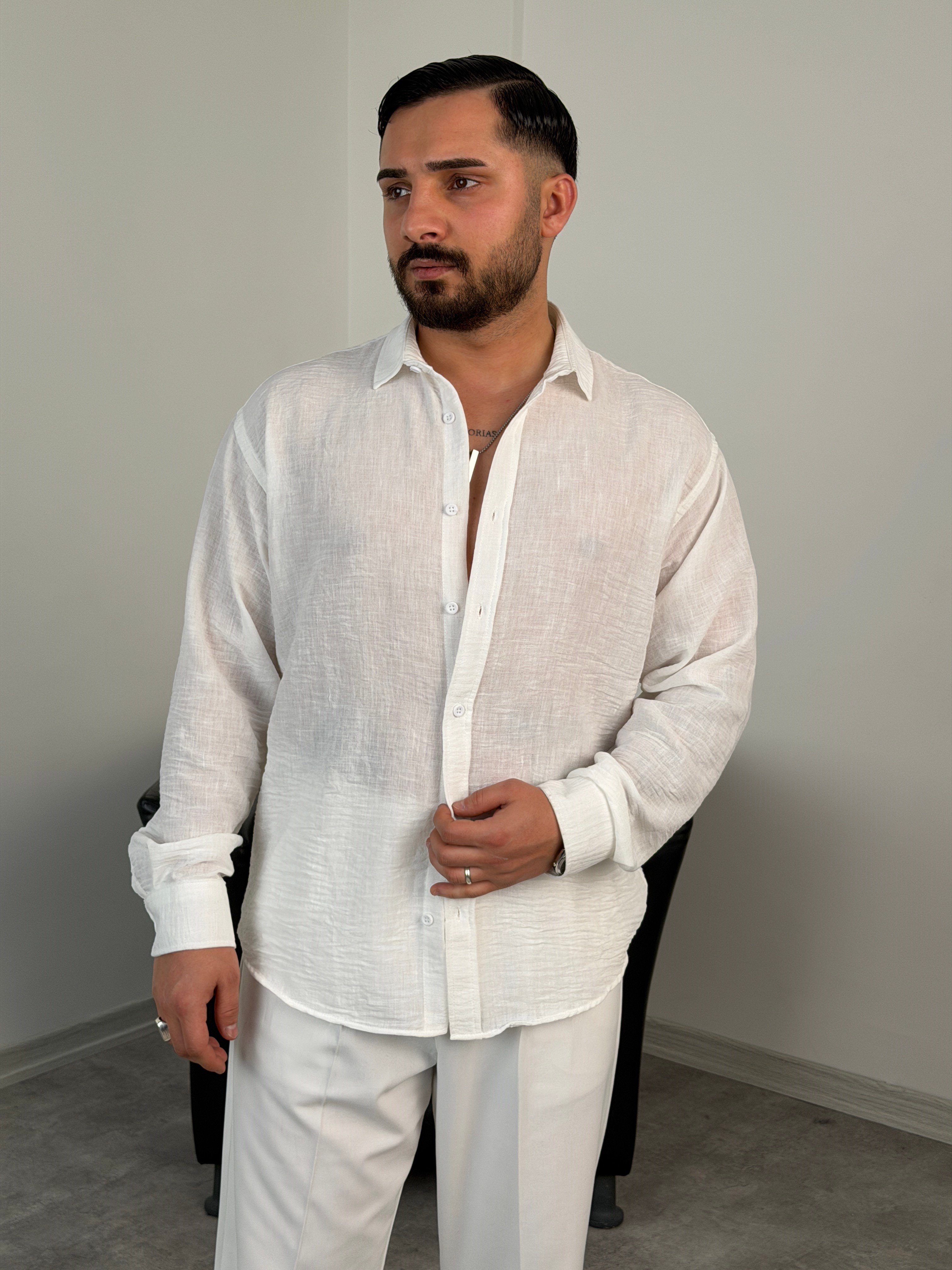 PERA KETEN UZUNKOL OVERSİZE GÖMLEK BEYAZ