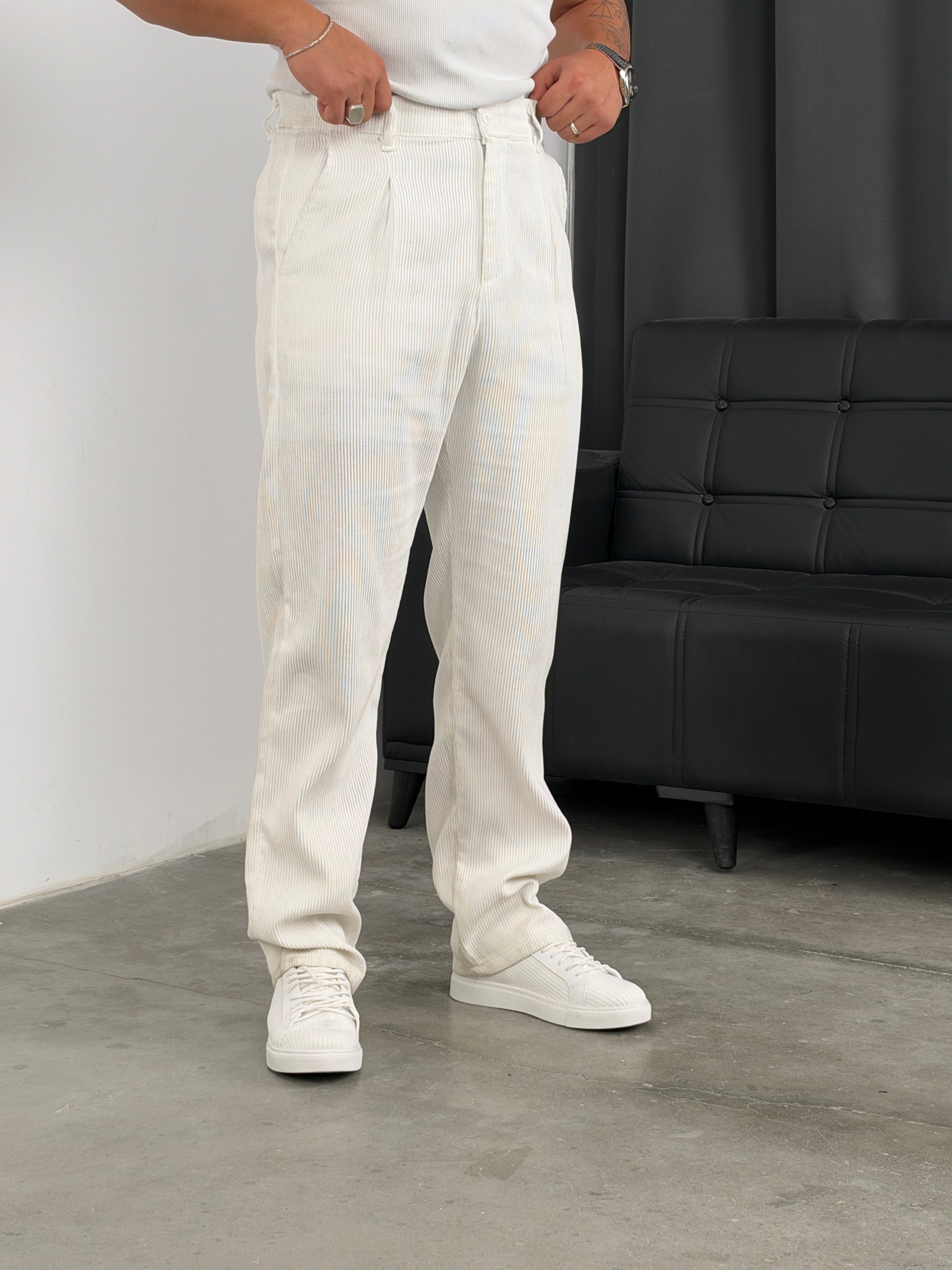 Pileli %100 Kadife Baggy Pantolon Beyaz