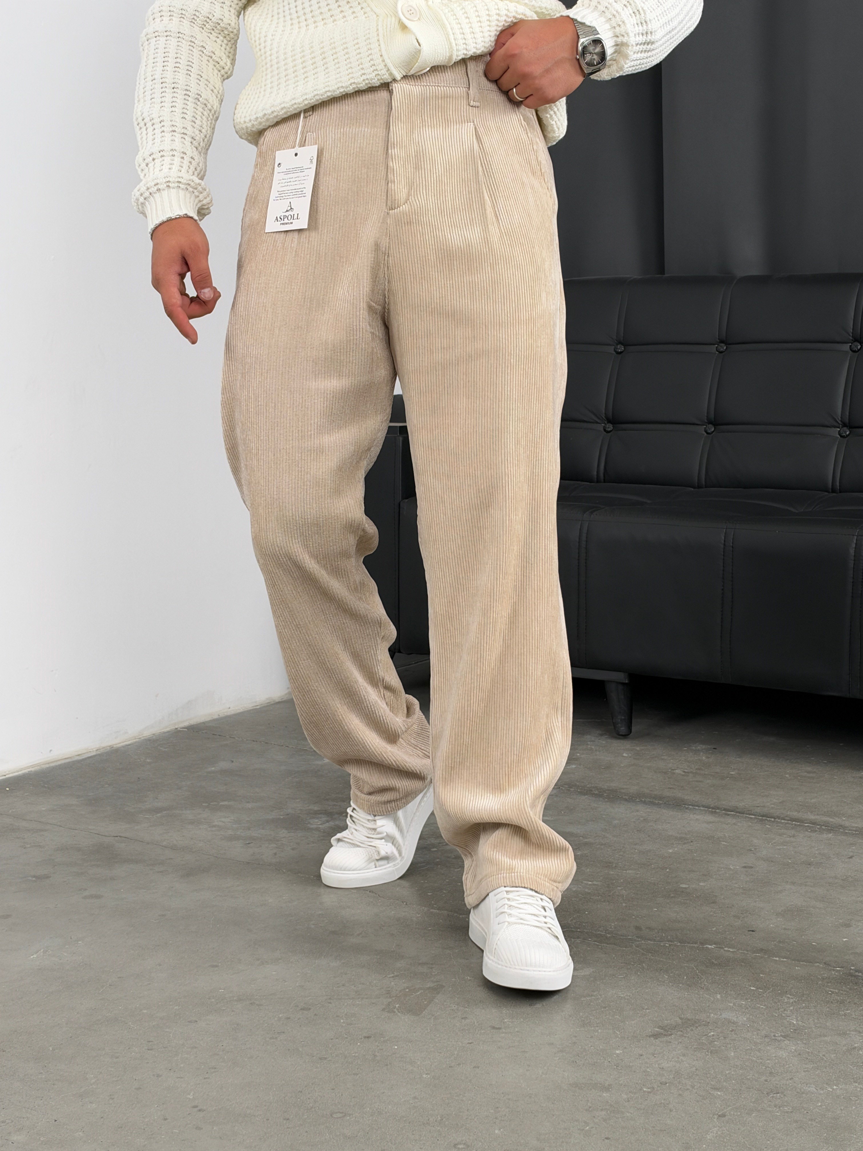 Pileli %100 Kadife Baggy Pantolon Krem