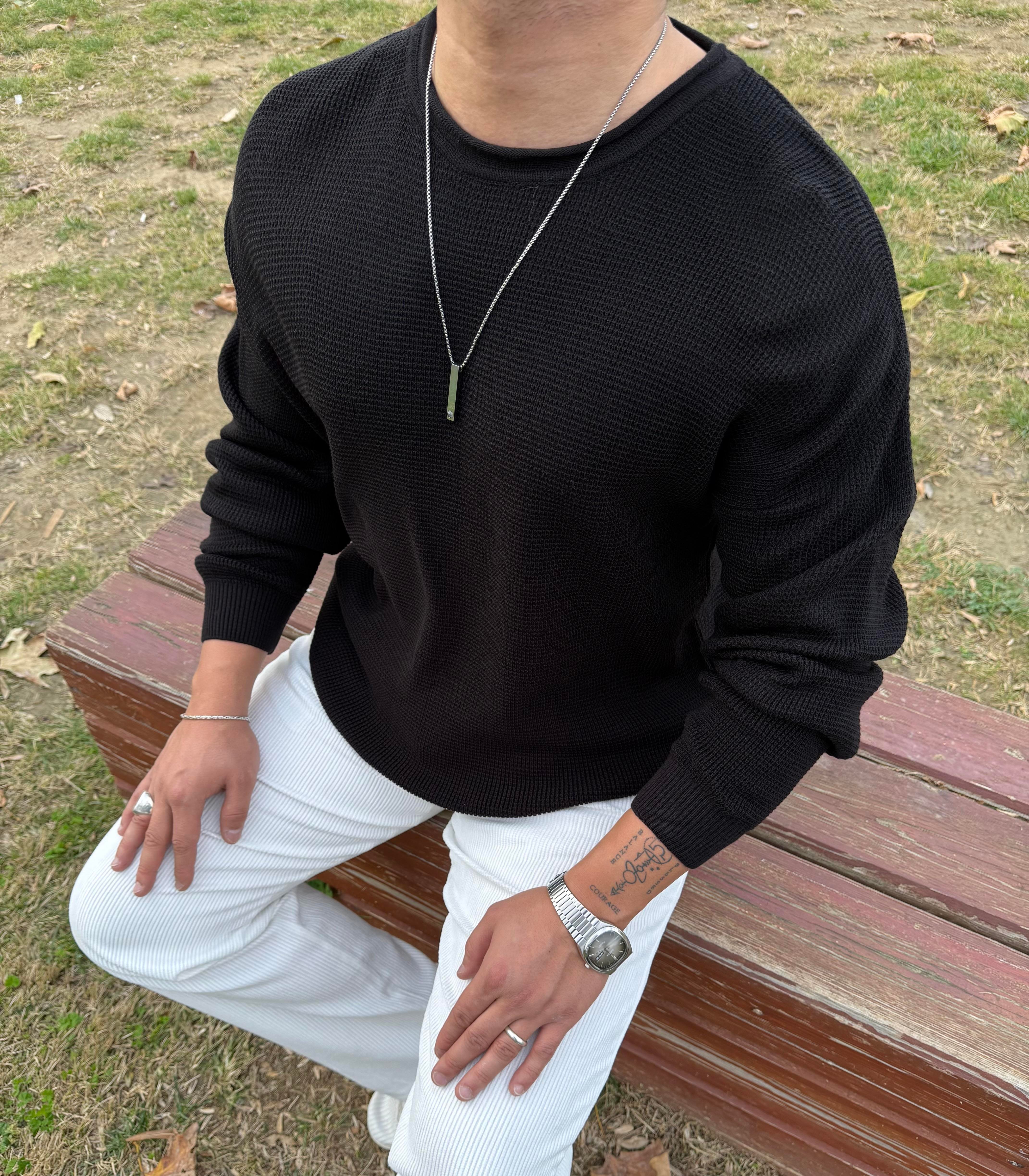 PİS YAKA %100 TRİKO OVERSİZE SWEATSHİRT SİYAH