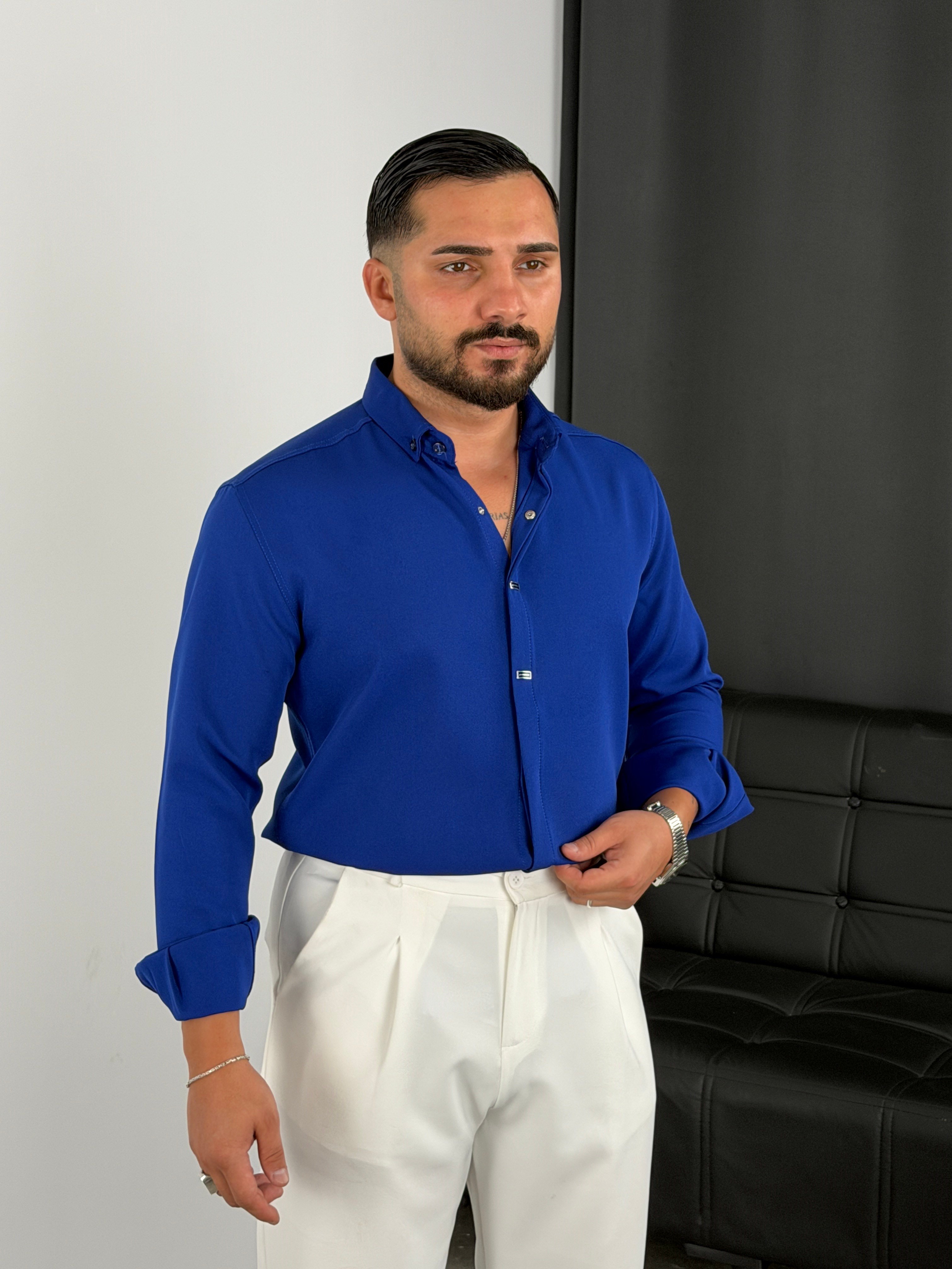 Premium Dabıl Kumaş Özel Tokalı Uzun Kol Gömlek Saks Mavisi