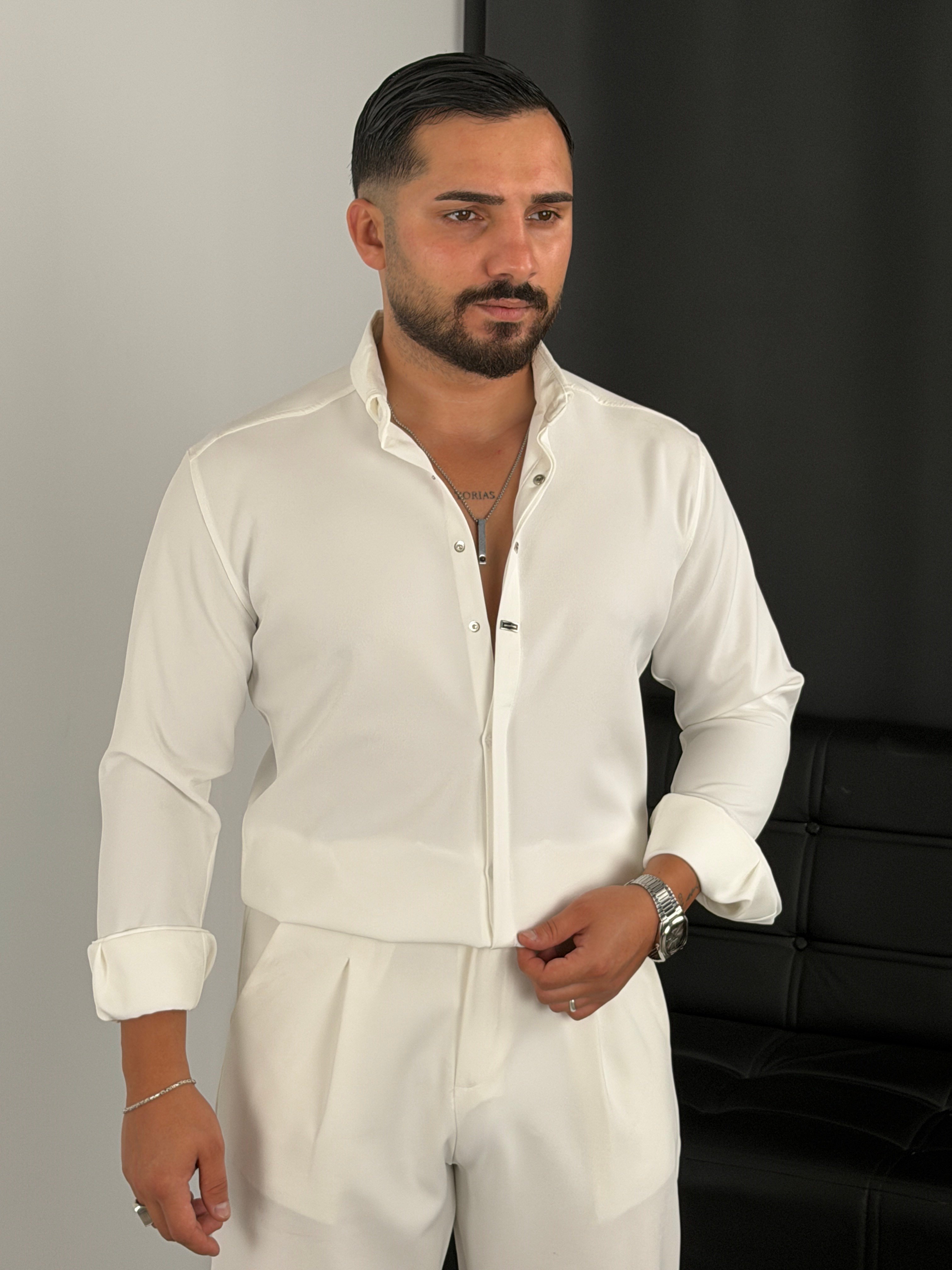 Premium Dabıl Kumaş Özel Tokalı Uzun Kol Gömlek Beyaz