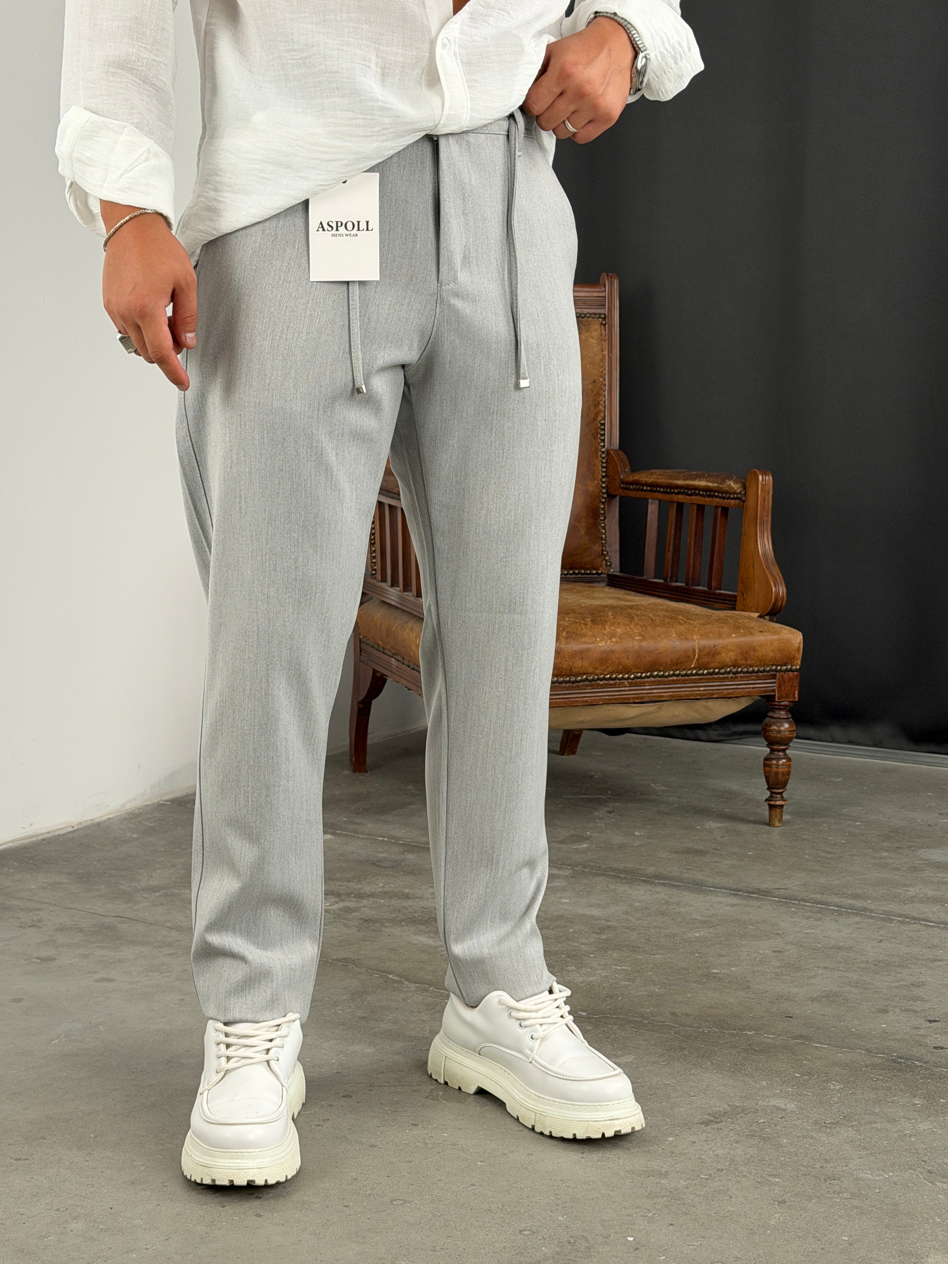Premium Kalite Gabardin Kumaş Jogger Pantolon Gri