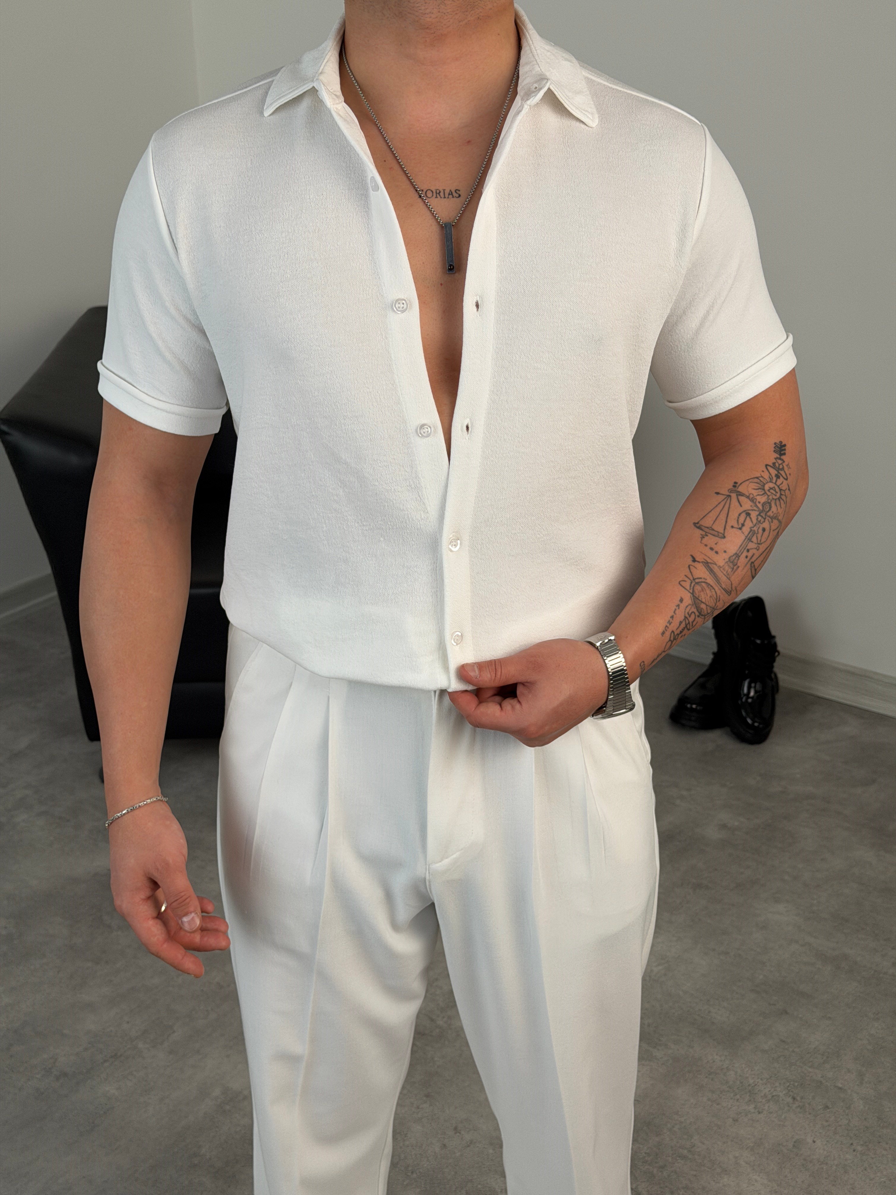 REGULAR FİT DUBLE KOL PAMUK ÖRME KISAKOL GÖMLEK BEYAZ