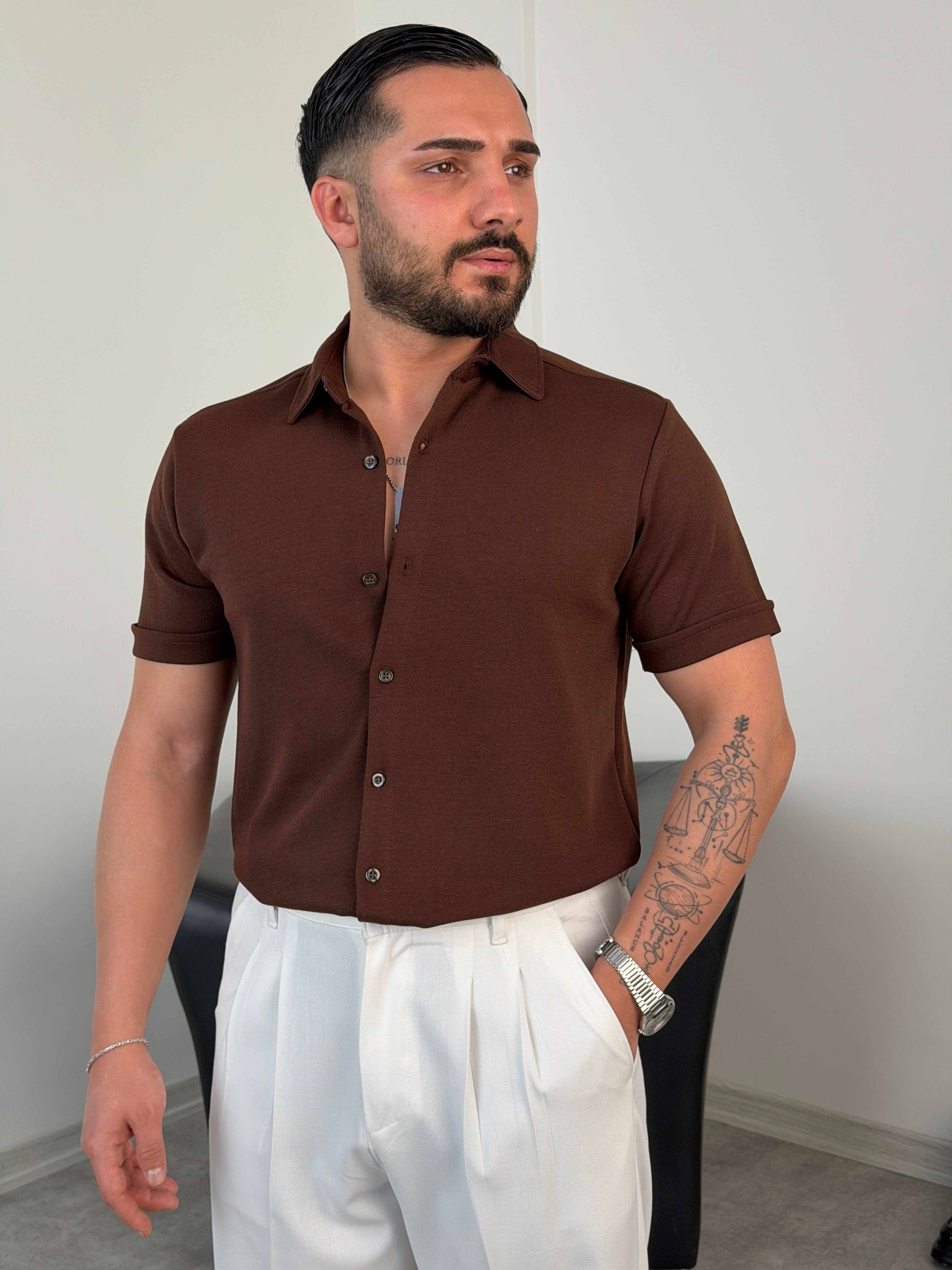 REGULAR FİT DUBLE KOL PAMUK ÖRME KISAKOL GÖMLEK ACI KAHVE