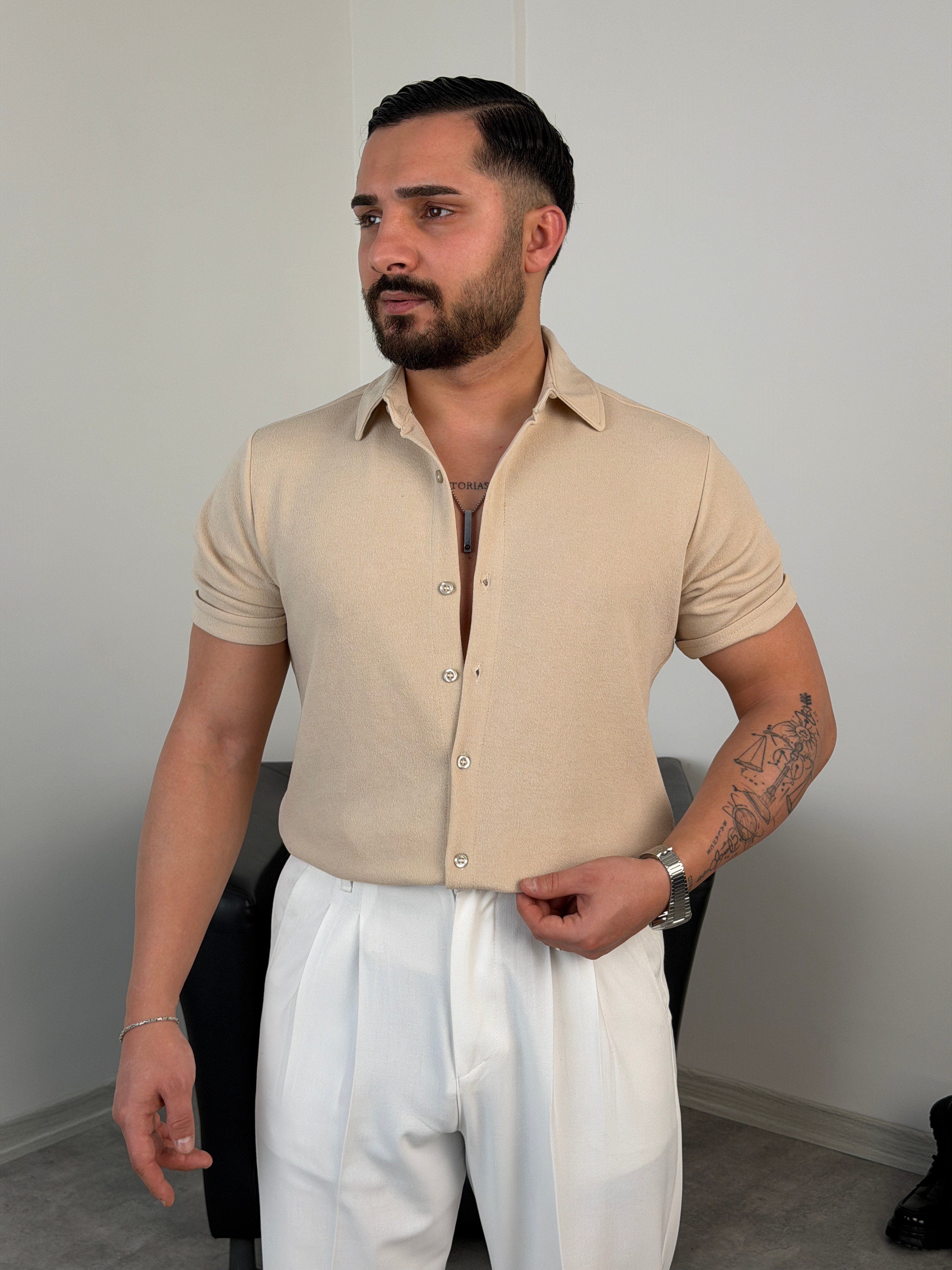 REGULAR FİT DUBLE KOL PAMUK ÖRME KISAKOL GÖMLEK BEJ